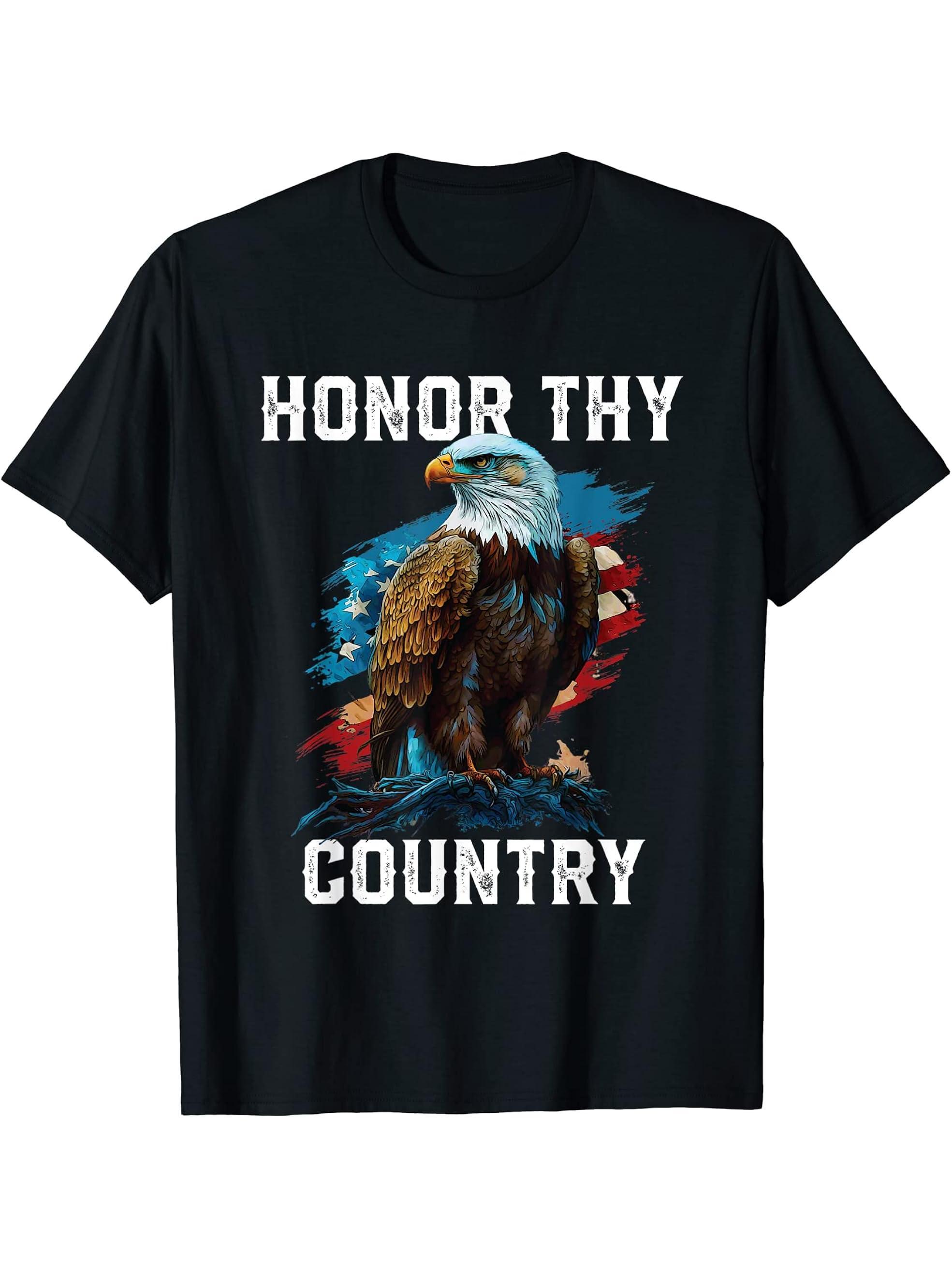 Honor Thy Country American Bald Eagle America USA Flag T-Shirt 180G 100% Cotton Printed Round Neck Short-Sleeve T-Shirt, Gifts for Men Dad Husband Grandpa, S-XXXL, Black