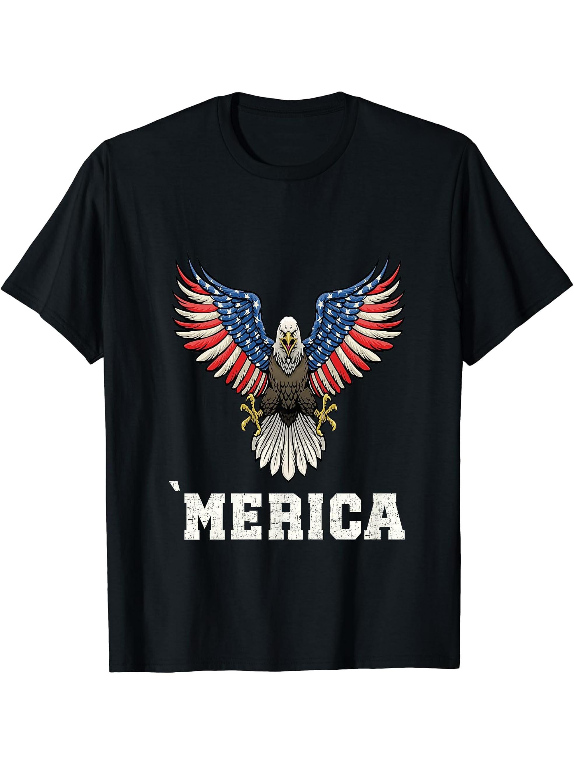 American Bald Eagle Eyes Shirt USA Flag Merica Patriotic Tee T-Shirt 180G 100% Cotton Printed Round Neck Short-Sleeve T-Shirt, Gifts for Men Dad Husband Grandpa, S-XXXL, Black