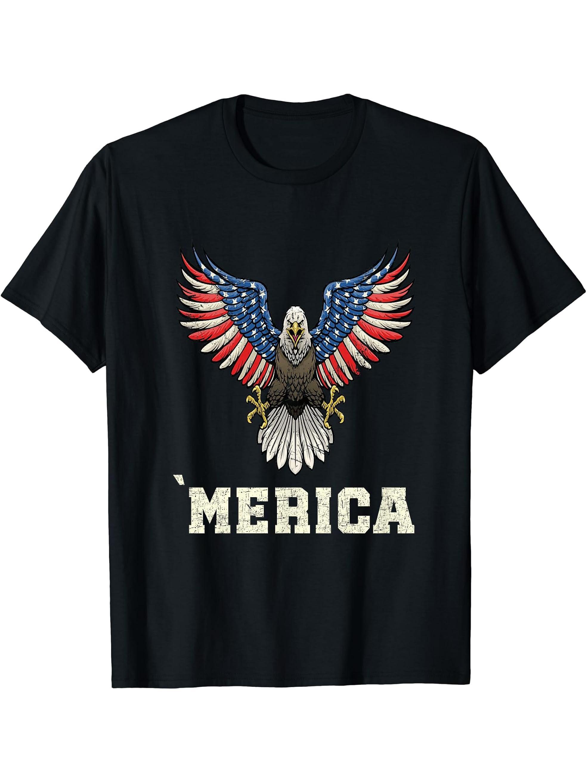 American Bald Eagle Eyes Shirt USA Flag Merica Patriotic Tee T-Shirt 180G 100% Cotton Printed Round Neck Short-Sleeve T-Shirt, Gifts for Men Dad Husband Grandpa, S-XXXL, Black