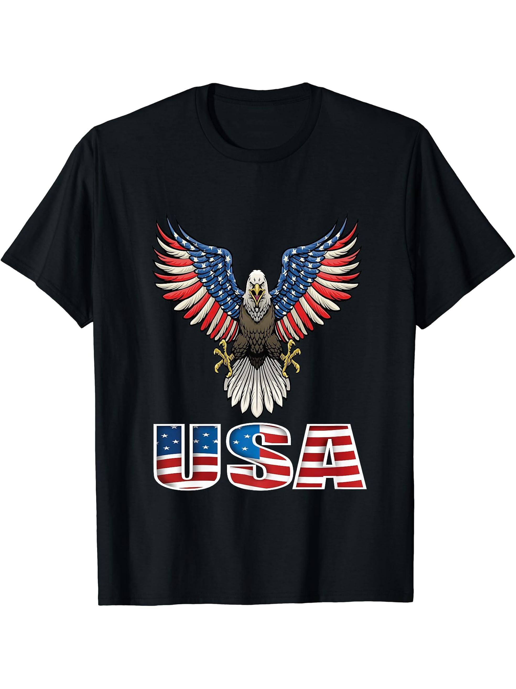 American Bald Eagle Eyes Shirt USA Flag Merica Patriotic Tee T-Shirt 180G 100% Cotton Printed Round Neck Short-Sleeve T-Shirt, Gifts for Men Dad Husband Grandpa, S-XXXL, Black