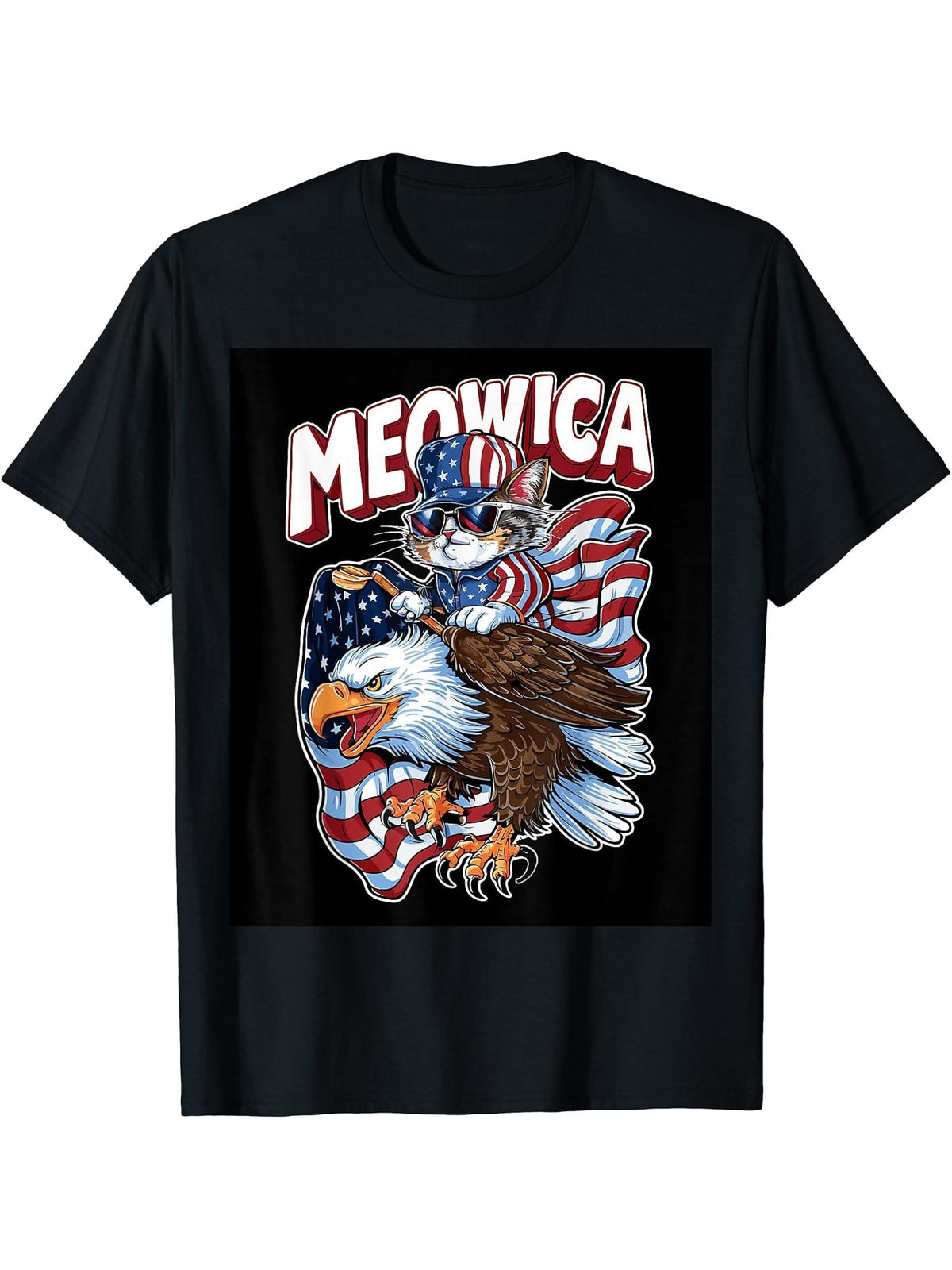 Patriotic Cat Riding Bald Eagle Meowica 4th of July Cat T-Shirt 180G 100% Cotton Printed Round Neck Short-Sleeve T-Shirt, Gifts for Men Dad Husband Grandpa, S-XXXL, Black
