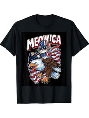 Patriotic Cat Riding Bald Eagle Meowica 4th of July Cat T-Shirt 180G 100% Cotton Printed Round Neck Short-Sleeve T-Shirt, Gifts for Men Dad Husband Grandpa, S-XXXL, Black