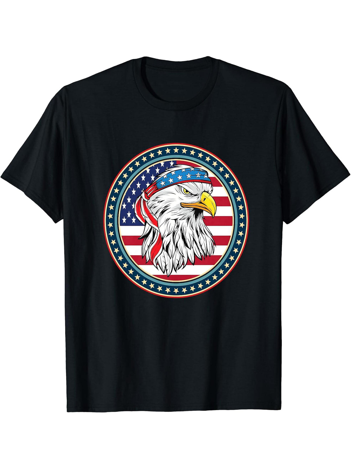 American Bald Eagle Eyes Shirt USA Flag Merica Patriotic Tee T-Shirt 180G 100% Cotton Printed Round Neck Short-Sleeve T-Shirt, Gifts for Men Dad Husband Grandpa, S-XXXL, Black