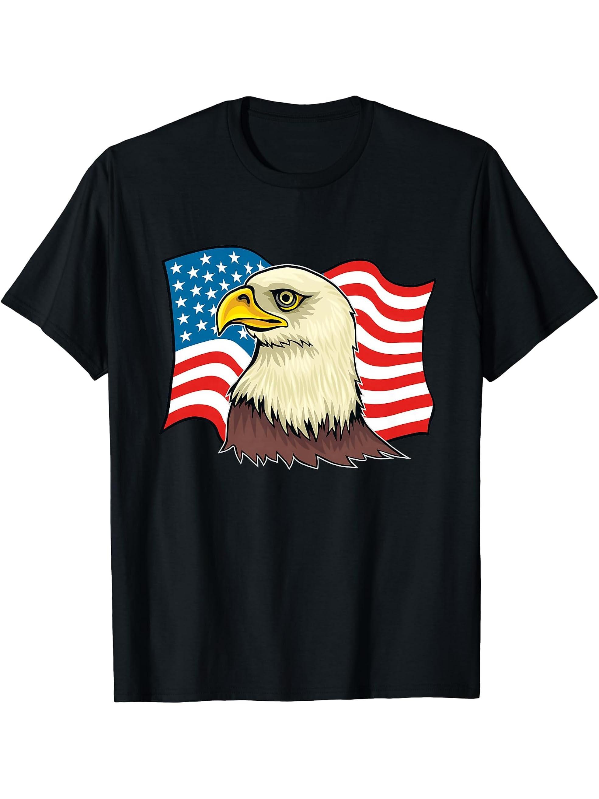American Bald Eagle Eyes Shirt USA Flag Merica Patriotic Tee T-Shirt 180G 100% Cotton Printed Round Neck Short-Sleeve T-Shirt, Gifts for Men Dad Husband Grandpa, S-XXXL, Black