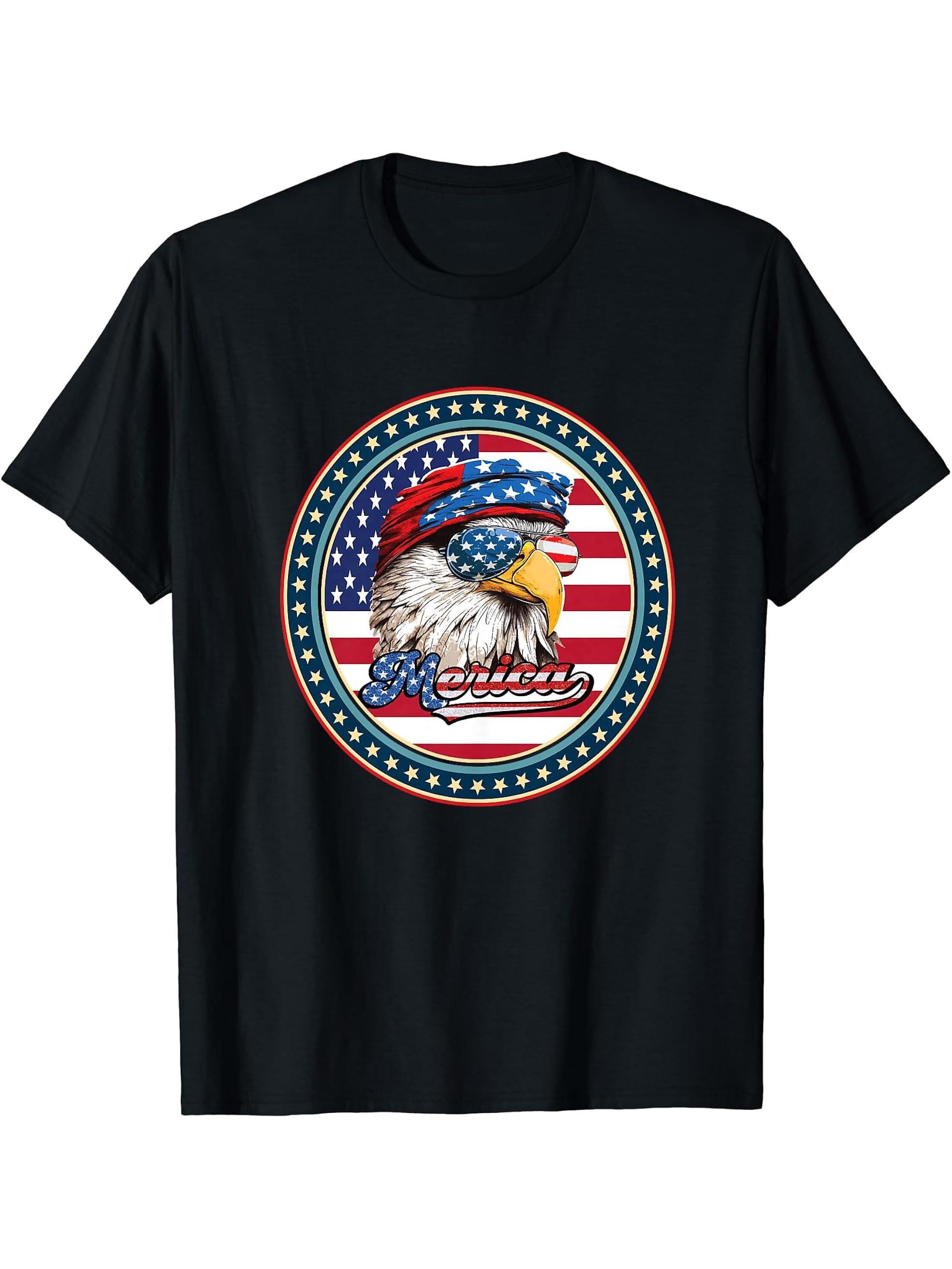 American Bald Eagle Eyes Shirt USA Flag Merica Patriotic Tee T-Shirt 180G 100% Cotton Printed Round Neck Short-Sleeve T-Shirt, Gifts for Men Dad Husband Grandpa, S-XXXL, Black