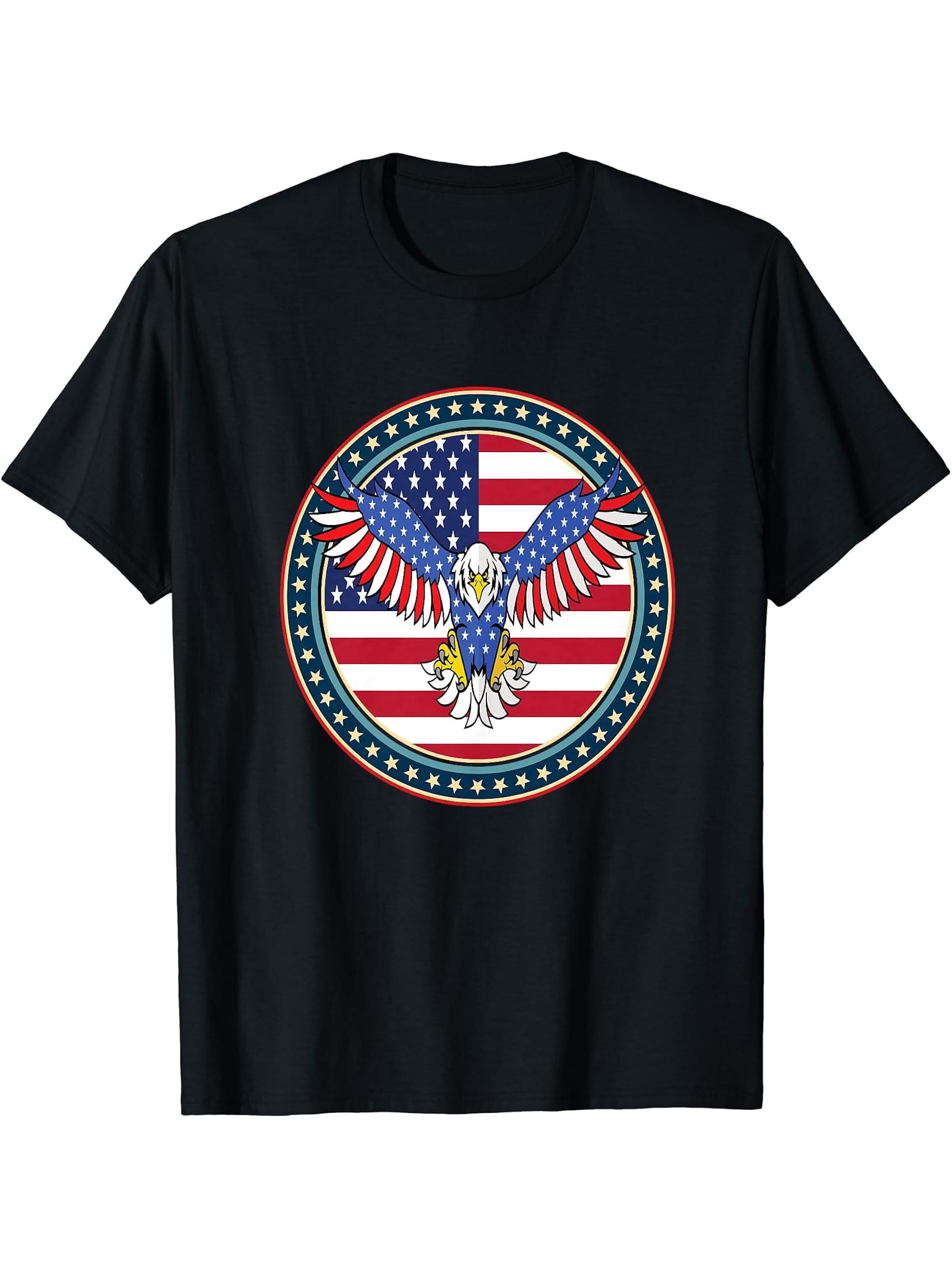 American Bald Eagle Eyes Shirt USA Flag Merica Patriotic Tee T-Shirt 180G 100% Cotton Printed Round Neck Short-Sleeve T-Shirt, Gifts for Men Dad Husband Grandpa, S-XXXL, Black