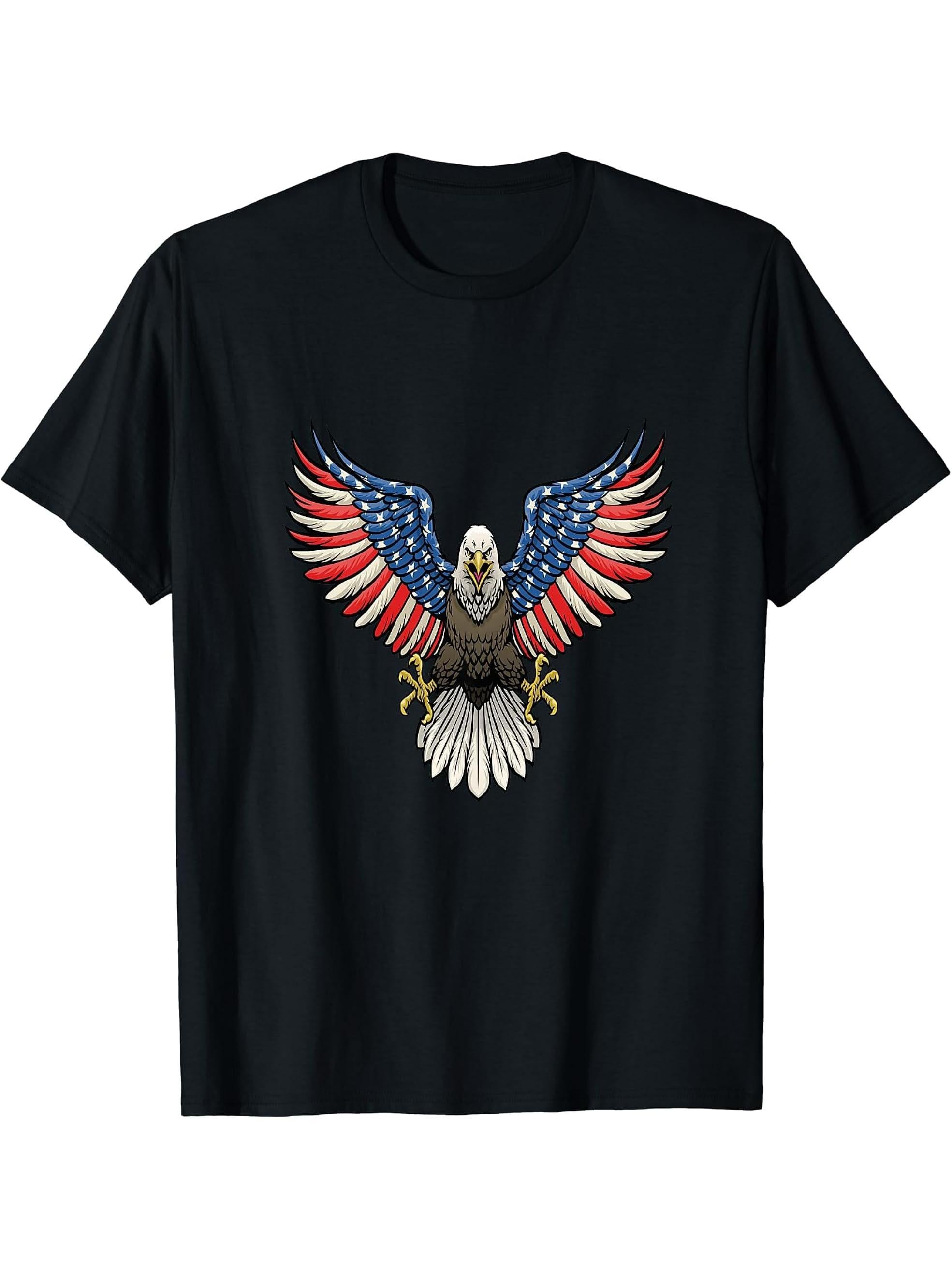 American Bald Eagle Eyes Shirt USA Flag Merica Patriotic Tee T-Shirt 180G 100% Cotton Printed Round Neck Short-Sleeve T-Shirt, Gifts for Men Dad Husband Grandpa, S-XXXL, Black