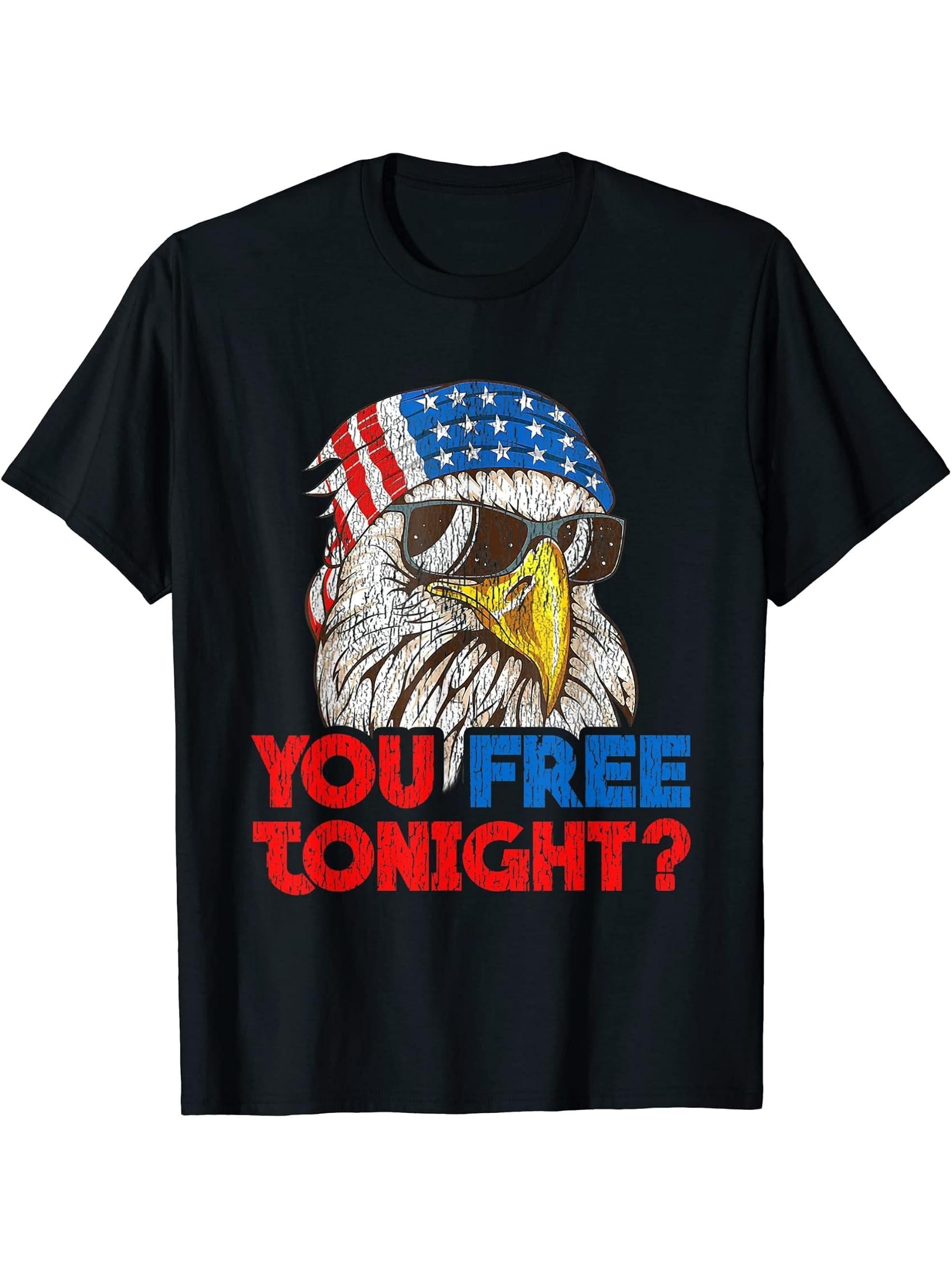 Are You Free Tonight Bald Eagle Patriotic America July 4th T-Shirt 180G 100% Cotton Printed Round Neck Short-Sleeve T-Shirt, Gifts for Men Dad Husband Grandpa, S-XXXL, Black