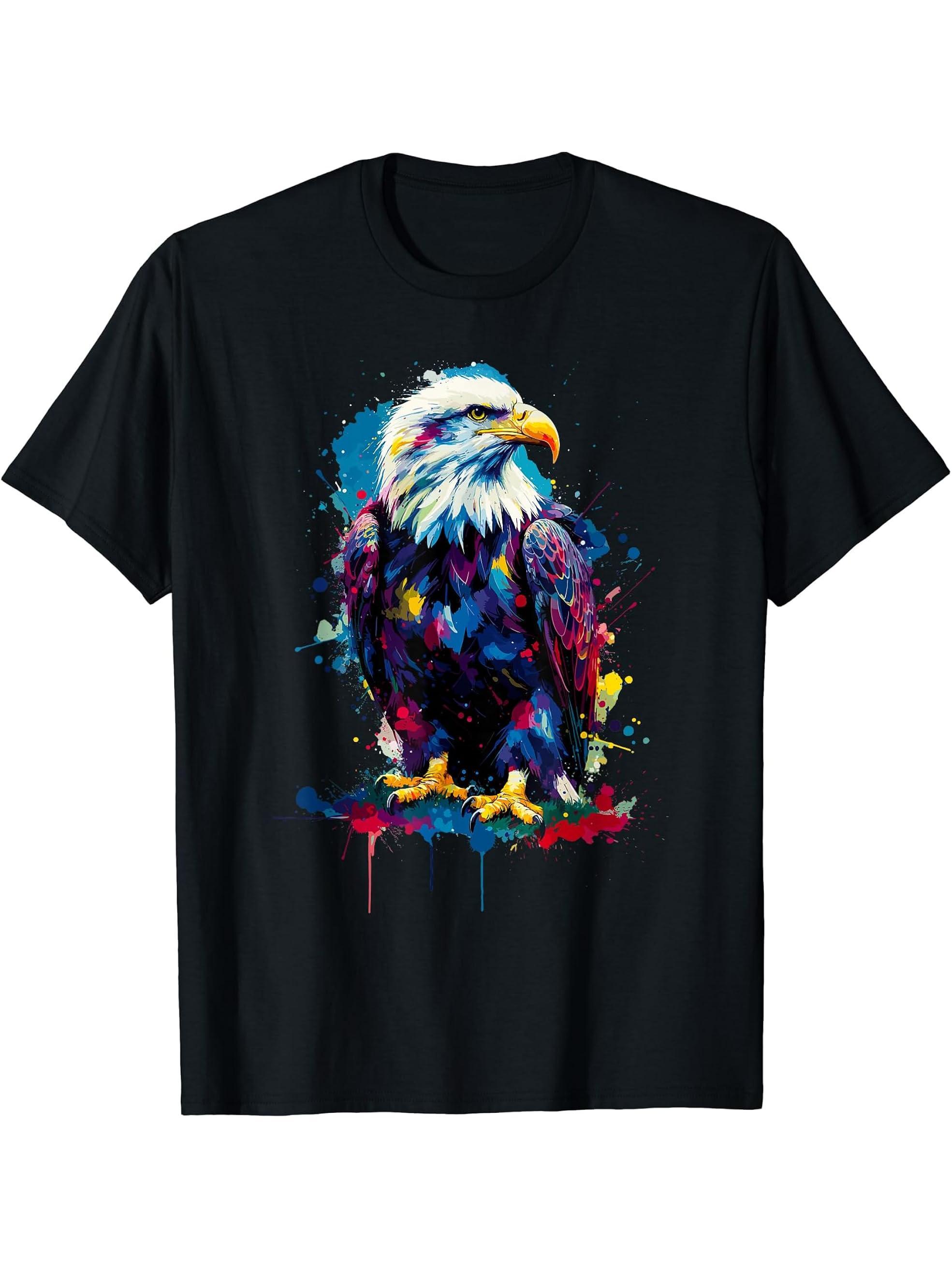 Colorful Splash Art Bald Eagle Bald Eagles T-Shirt 180G 100% Cotton Printed Round Neck Short-Sleeve T-Shirt, Gifts for Men Dad Husband Grandpa, S-XXXL, Black