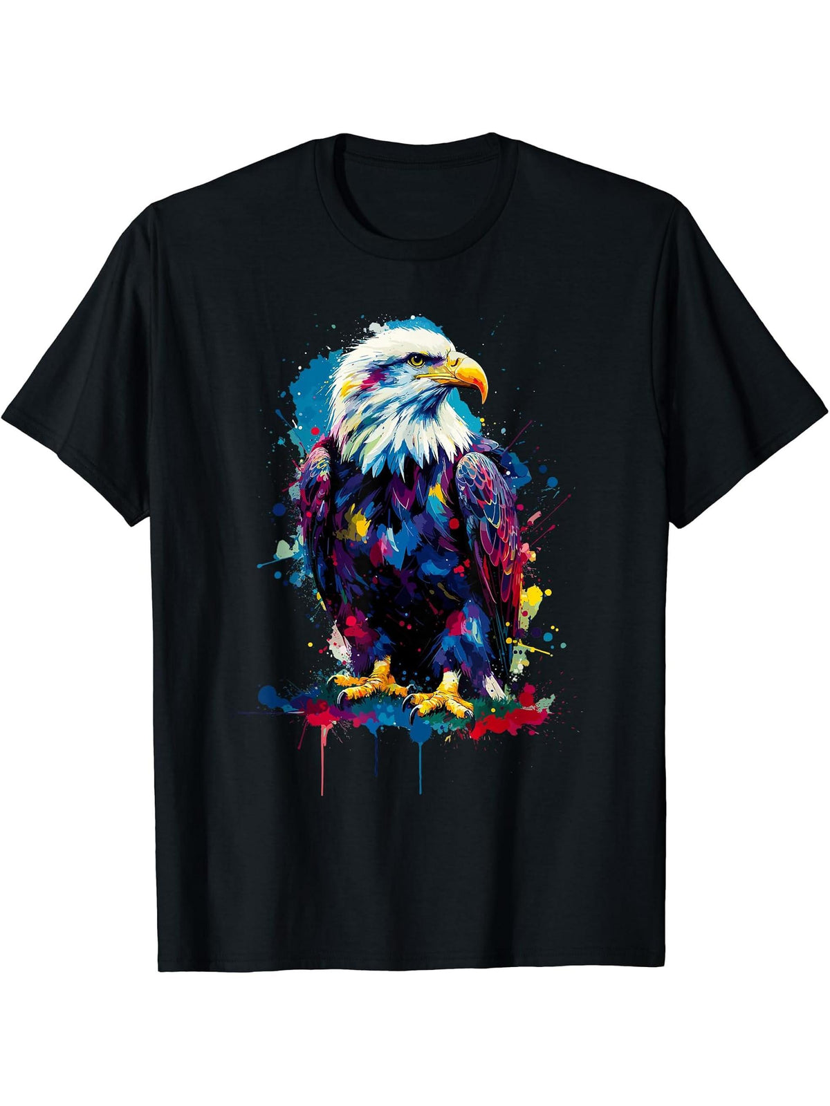 Colorful Splash Art Bald Eagle Bald Eagles T-Shirt 180G 100% Cotton Printed Round Neck Short-Sleeve T-Shirt, Gifts for Men Dad Husband Grandpa, S-XXXL, Black