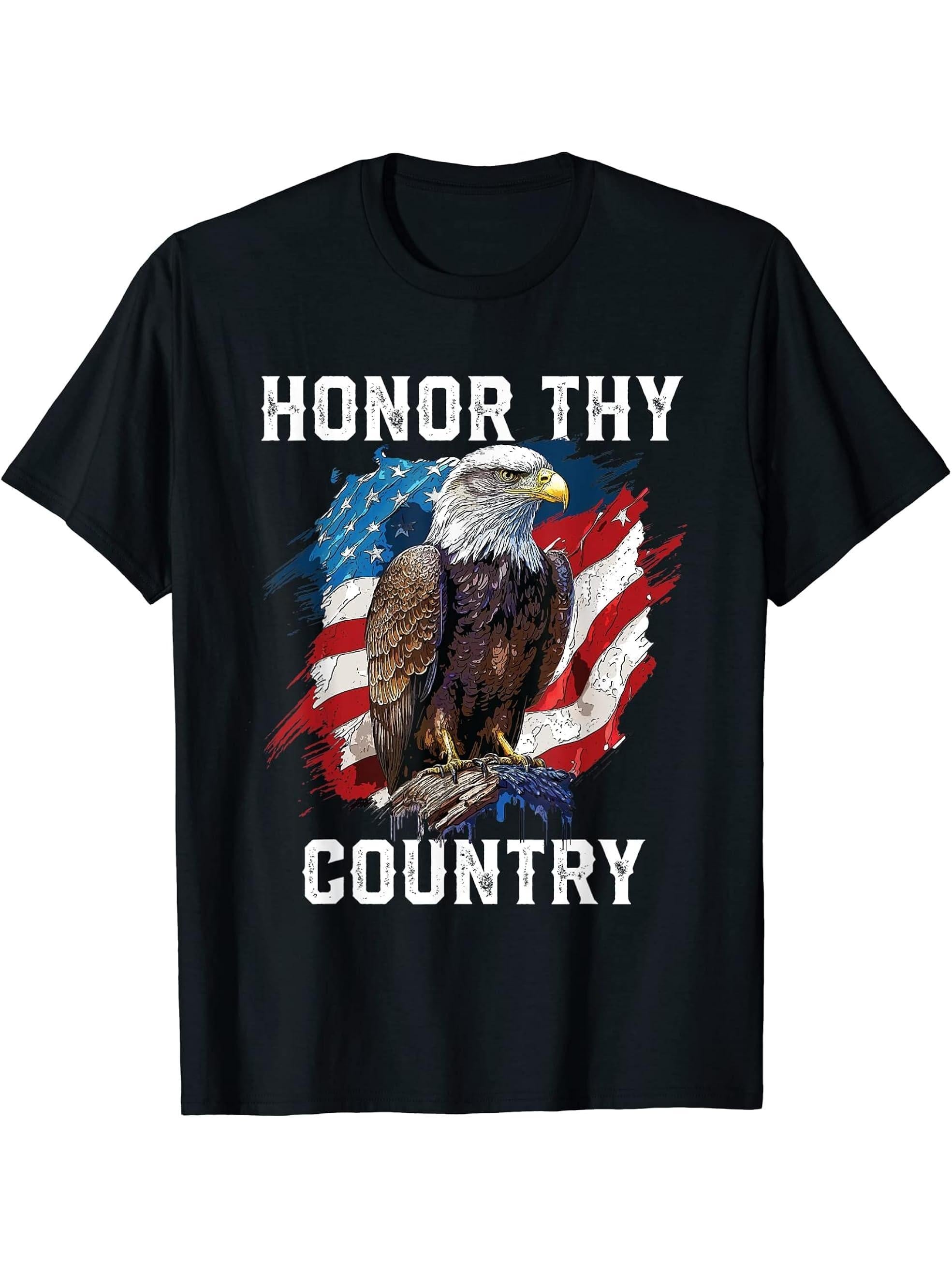 Honor Thy Country American Bald Eagle America USA Flag T-Shirt 180G 100% Cotton Printed Round Neck Short-Sleeve T-Shirt, Gifts for Men Dad Husband Grandpa, S-XXXL, Black