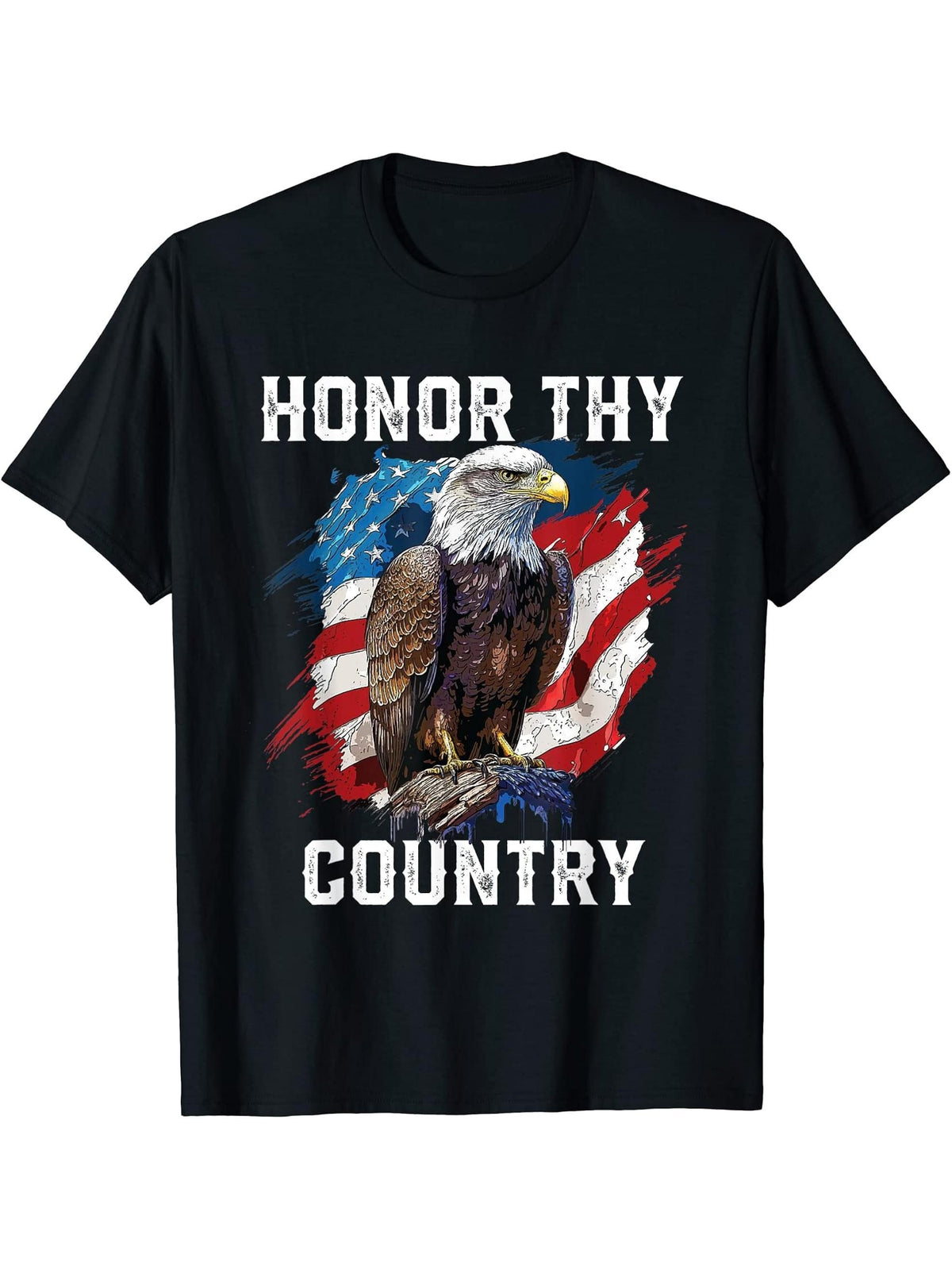 Honor Thy Country American Bald Eagle America USA Flag T-Shirt 180G 100% Cotton Printed Round Neck Short-Sleeve T-Shirt, Gifts for Men Dad Husband Grandpa, S-XXXL, Black