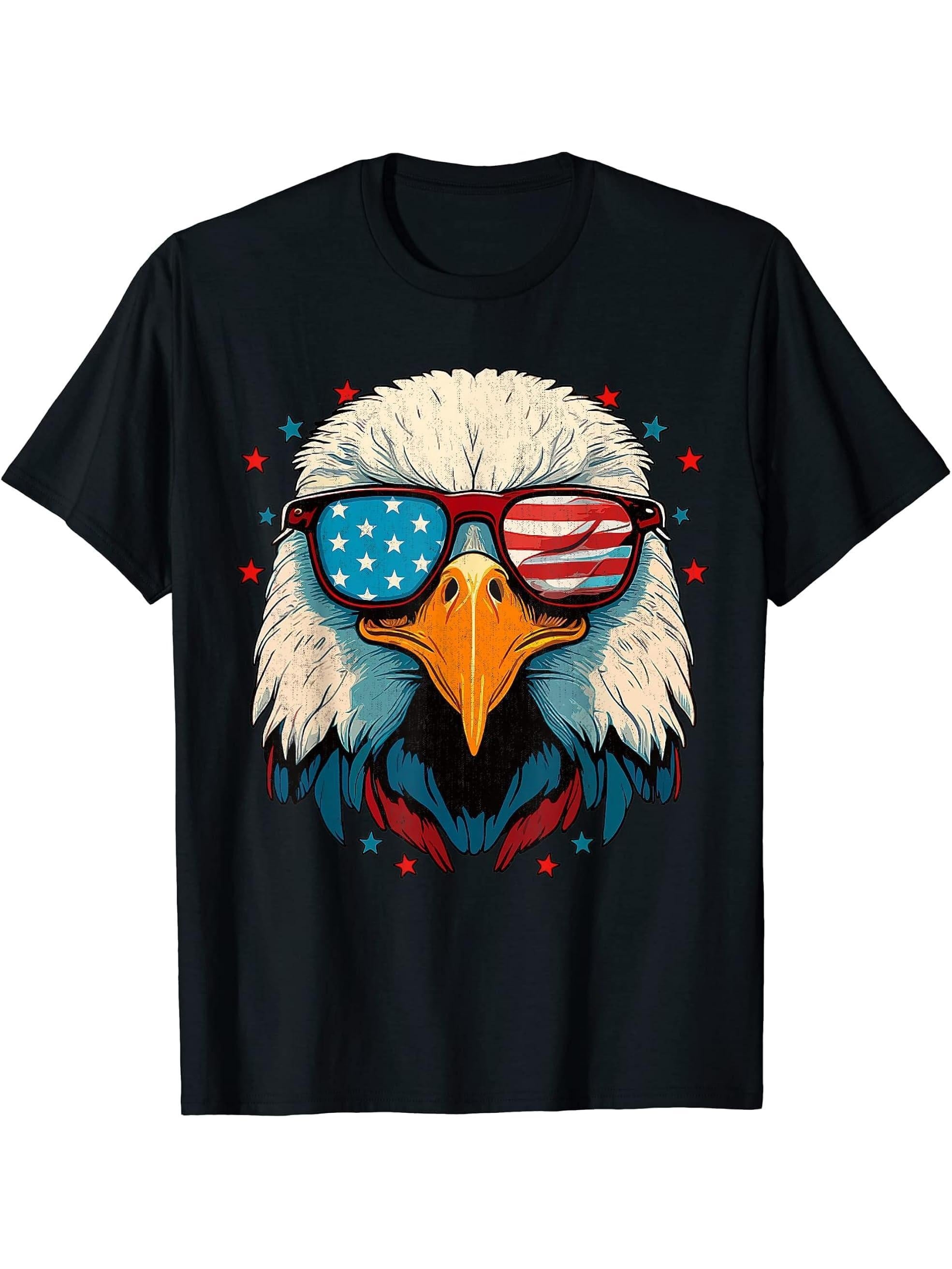 American Bald Eagle USA Flag Shirt 4th of July Eagle USA T-Shirt 180G 100% Cotton Printed Round Neck Short-Sleeve T-Shirt, Gifts for Men Dad Husband Grandpa, S-XXXL, Black