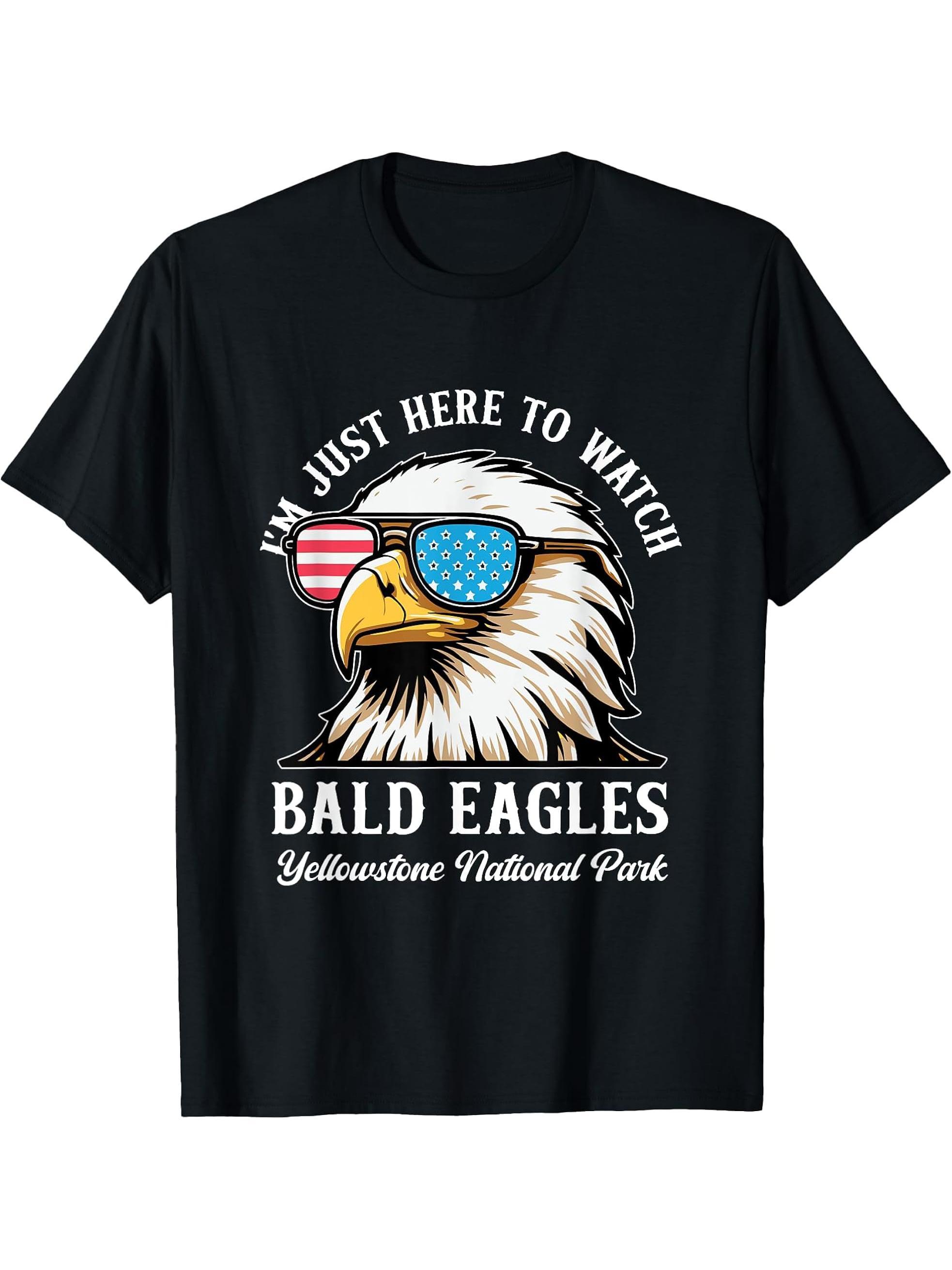Bald Eagle Watching Yellowstone National Park Birdwatching T-Shirt 180G 100% Cotton Printed Round Neck Short-Sleeve T-Shirt, Gifts for Men Dad Husband Grandpa, S-XXXL, Black