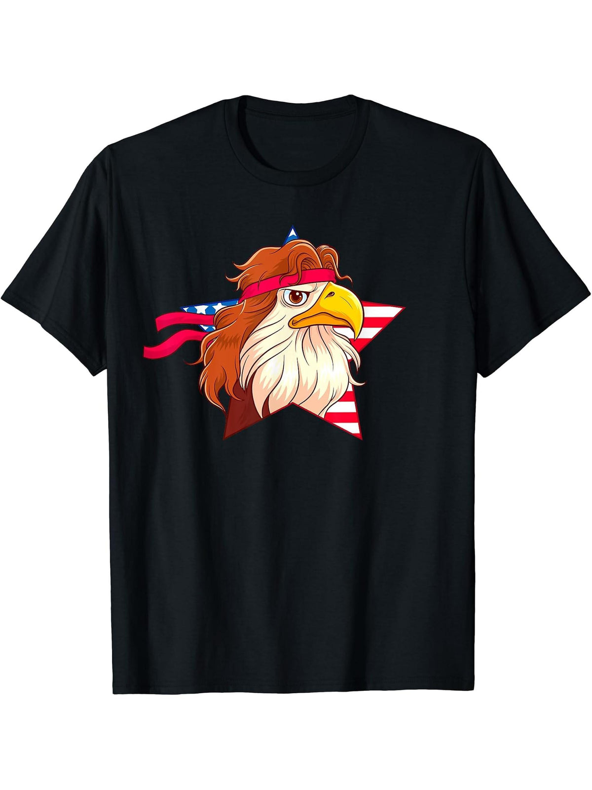 Funny 4th of July Bald Eagle Mullet America Flag Patriotic T-Shirt 180G 100% Cotton Printed Round Neck Short-Sleeve T-Shirt, Gifts for Men Dad Husband Grandpa, S-XXXL, Black