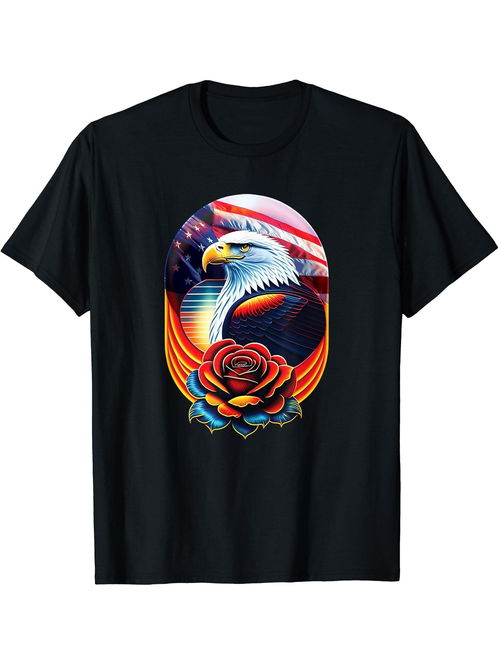 Bald Eagle Rose Patriotic 4th of July USA American Flag T-Shirt 180G 100% Cotton Printed Round Neck Short-Sleeve T-Shirt, Gifts for Men Dad Husband Grandpa, S-XXXL, Black
