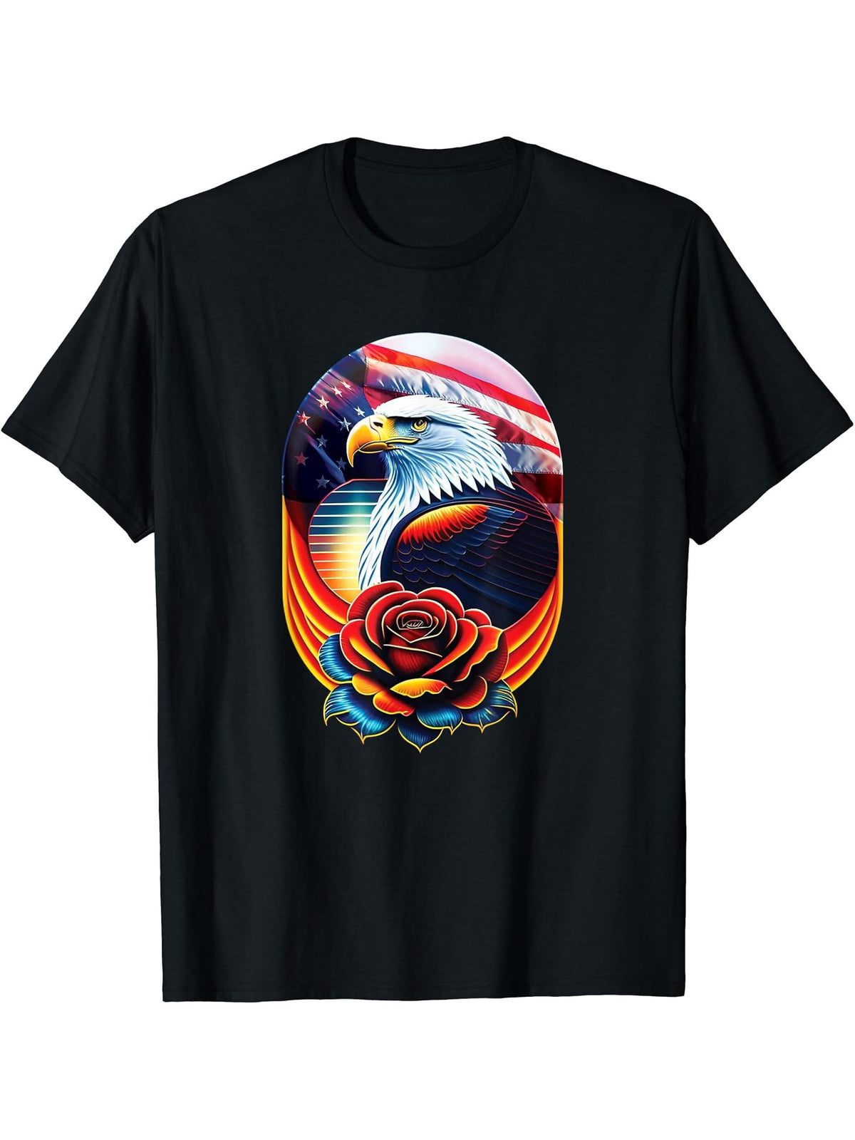 Bald Eagle Rose Patriotic 4th of July USA American Flag T-Shirt 180G 100% Cotton Printed Round Neck Short-Sleeve T-Shirt, Gifts for Men Dad Husband Grandpa, S-XXXL, Black