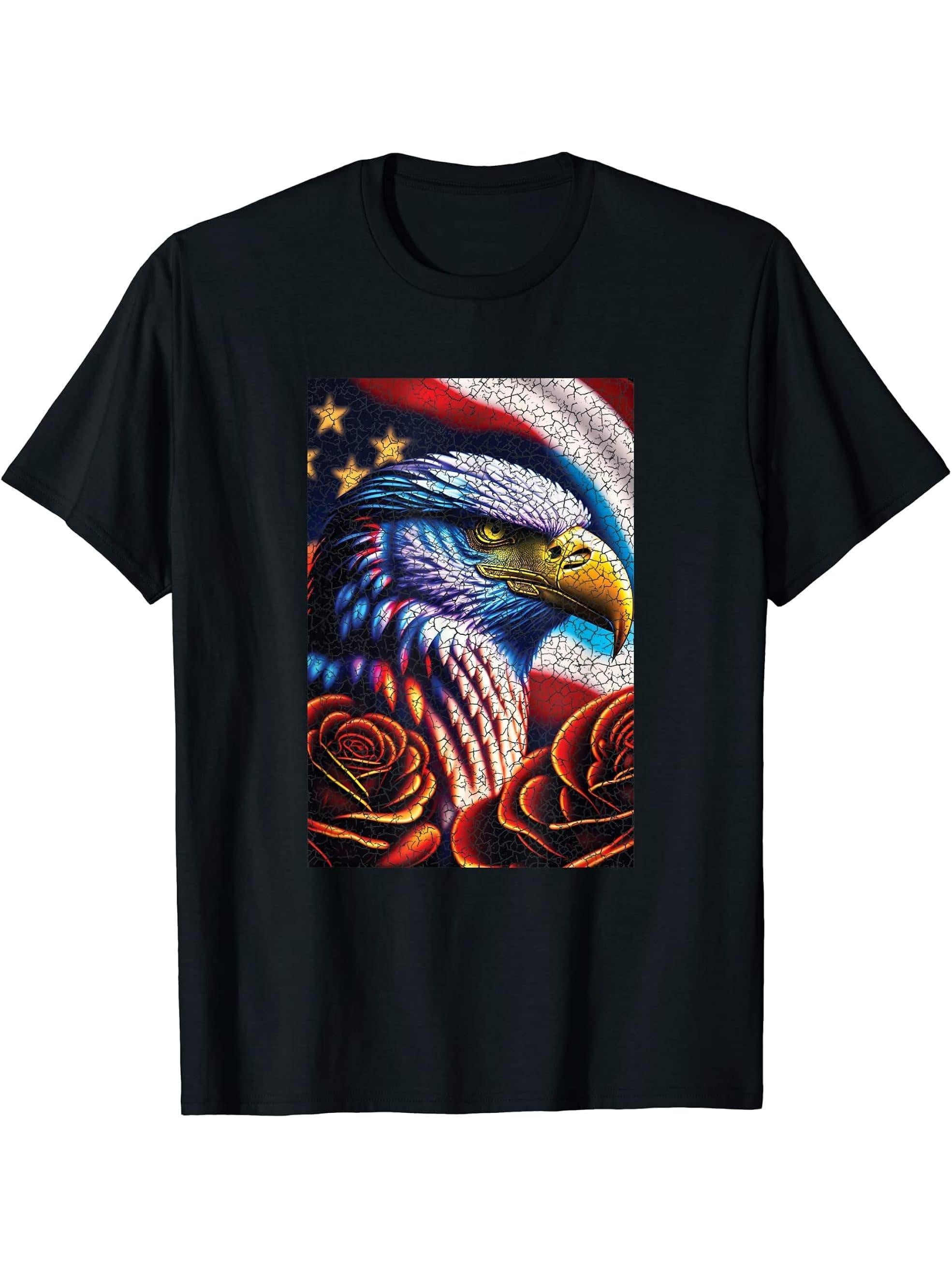 Bald Eagle Rose Patriotic 4th of July USA American Flag T-Shirt 180G 100% Cotton Printed Round Neck Short-Sleeve T-Shirt, Gifts for Men Dad Husband Grandpa, S-XXXL, Black