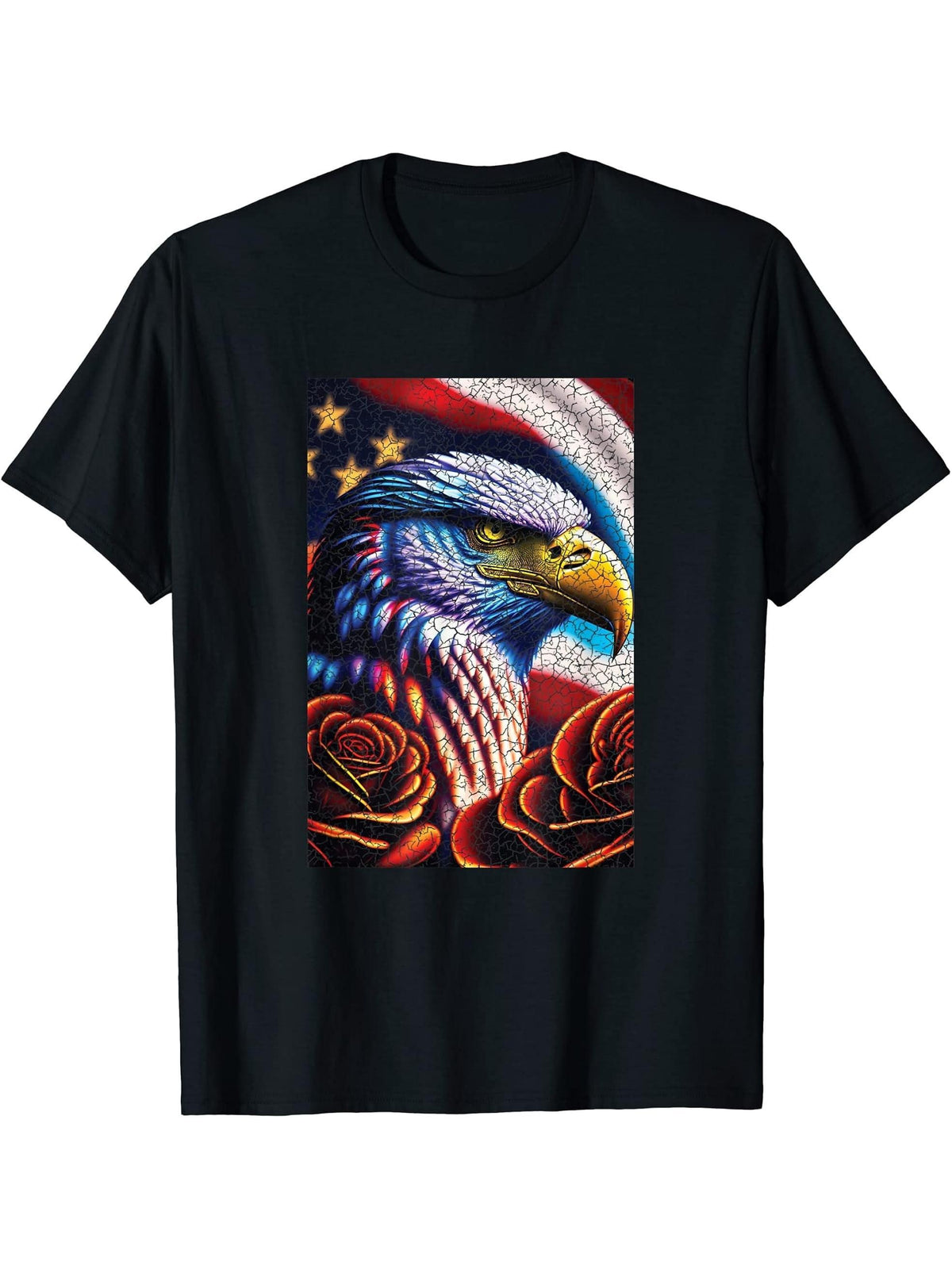 Bald Eagle Rose Patriotic 4th of July USA American Flag T-Shirt 180G 100% Cotton Printed Round Neck Short-Sleeve T-Shirt, Gifts for Men Dad Husband Grandpa, S-XXXL, Black