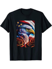 Bald Eagle Rose Patriotic 4th of July USA American Flag T-Shirt 180G 100% Cotton Printed Round Neck Short-Sleeve T-Shirt, Gifts for Men Dad Husband Grandpa, S-XXXL, Black