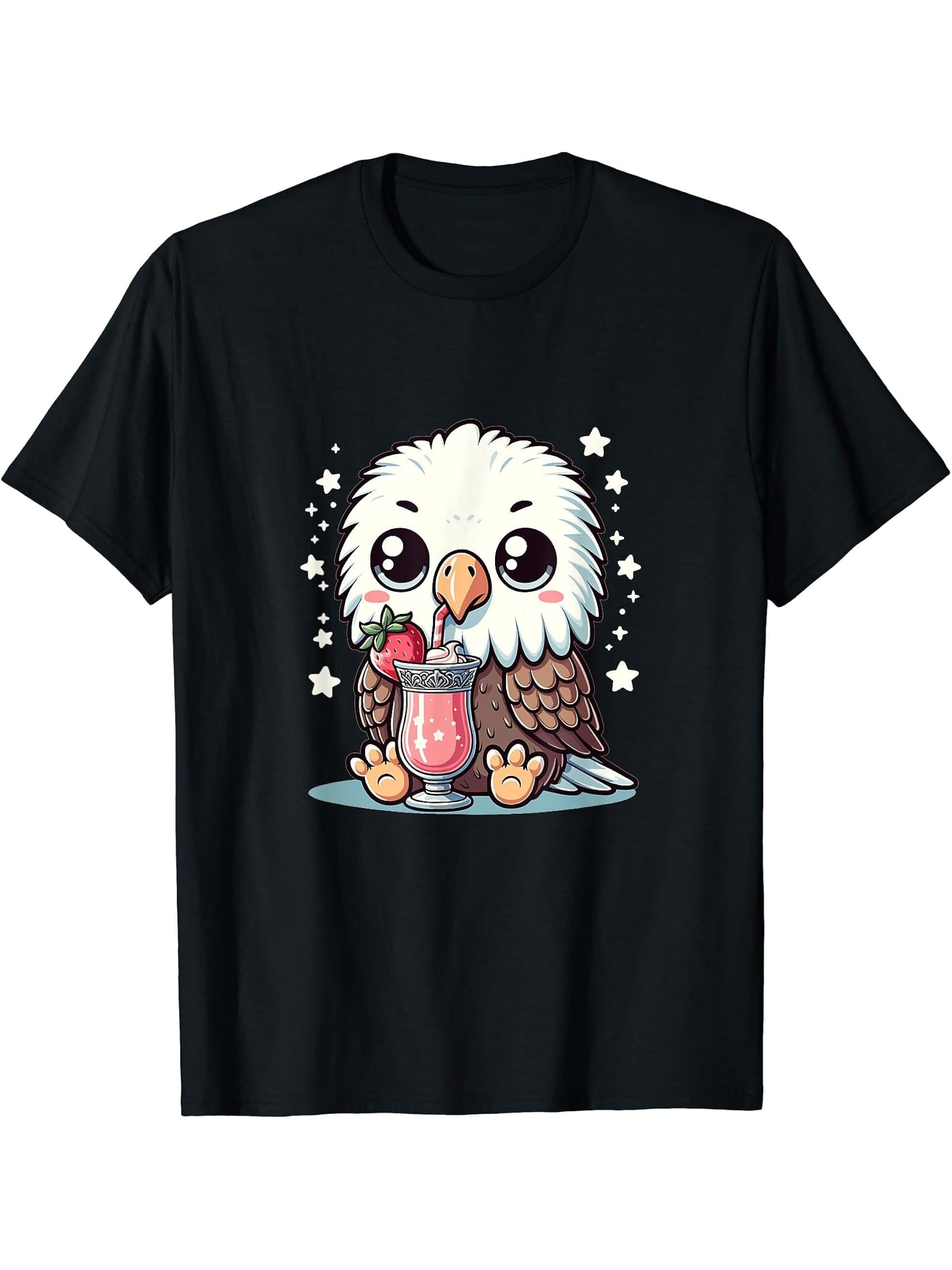 Cute Kawaii Style Bald Eagle Drinking Strawberry Milk T-Shirt 180G 100% Cotton Printed Round Neck Short-Sleeve T-Shirt, Gifts for Men Dad Husband Grandpa, S-XXXL, Black