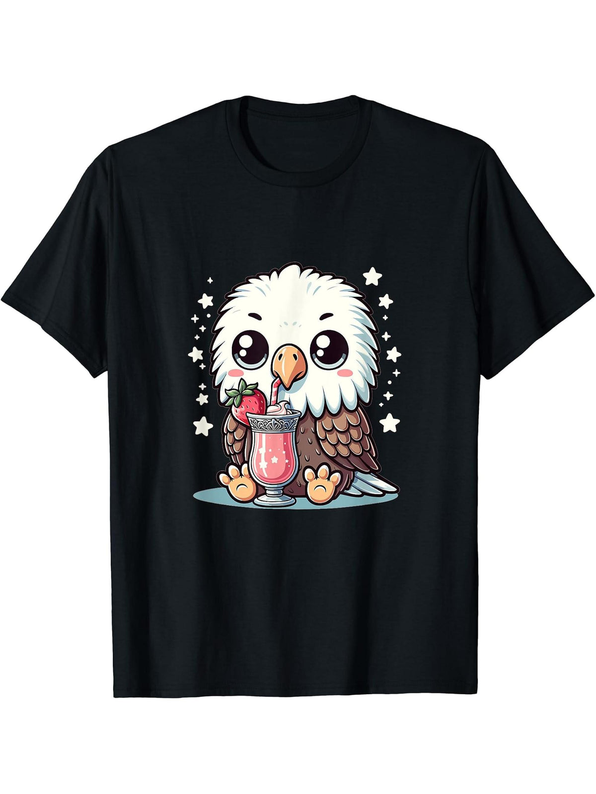 Cute Kawaii Style Bald Eagle Drinking Strawberry Milk T-Shirt 180G 100% Cotton Printed Round Neck Short-Sleeve T-Shirt, Gifts for Men Dad Husband Grandpa, S-XXXL, Black