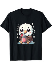 Cute Kawaii Style Bald Eagle Drinking Strawberry Milk T-Shirt 180G 100% Cotton Printed Round Neck Short-Sleeve T-Shirt, Gifts for Men Dad Husband Grandpa, S-XXXL, Black