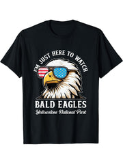 Bald Eagle Watching Yellowstone National Park Birdwatching T-Shirt 180G 100% Cotton Printed Round Neck Short-Sleeve T-Shirt, Gifts for Men Dad Husband Grandpa, S-XXXL, Black