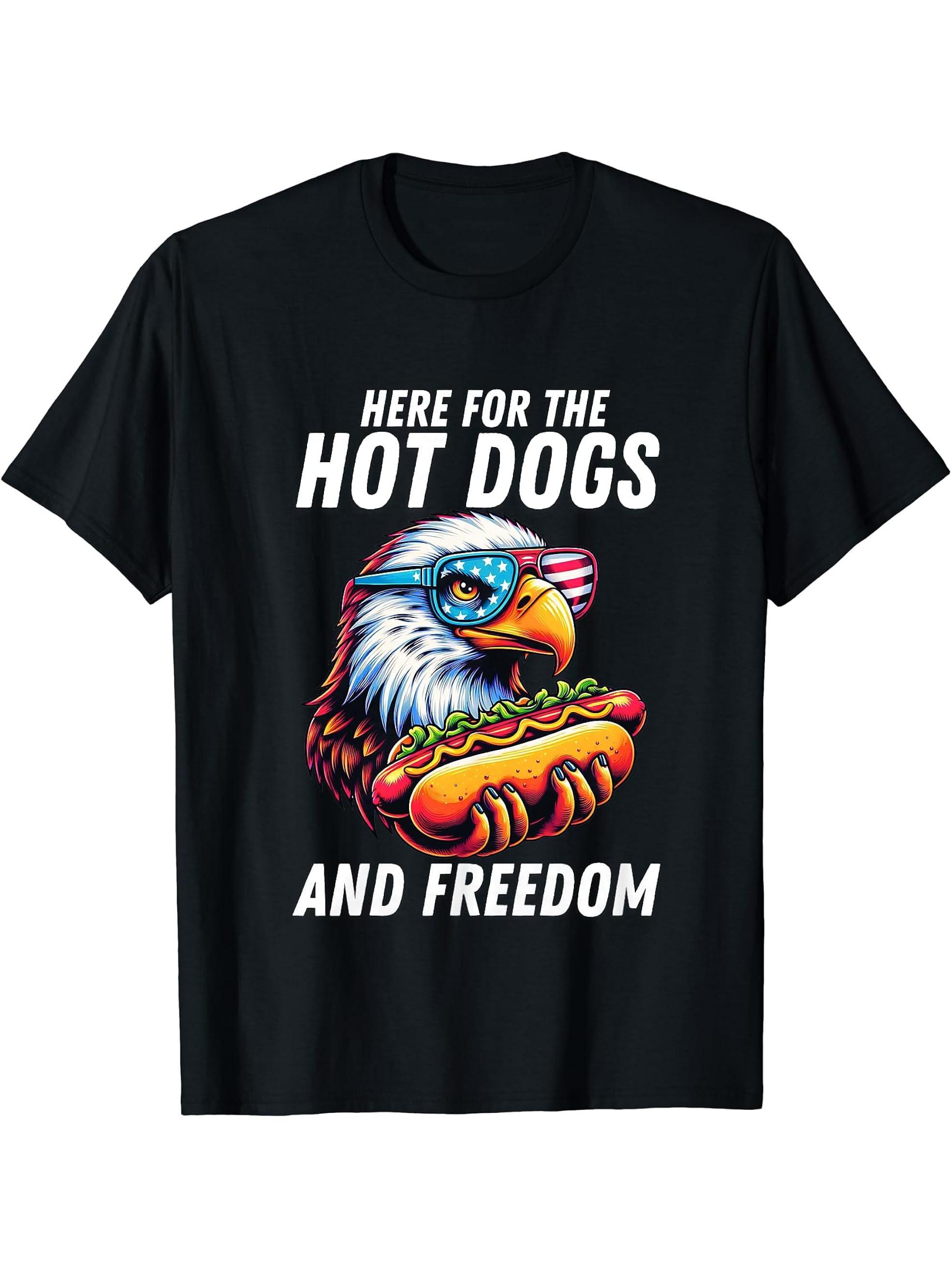 Here For The Hot Dogs And Freedom Bald Eagle Hotdog T-Shirt 180G 100% Cotton Printed Round Neck Short-Sleeve T-Shirt, Gifts for Men Dad Husband Grandpa, S-XXXL, Black