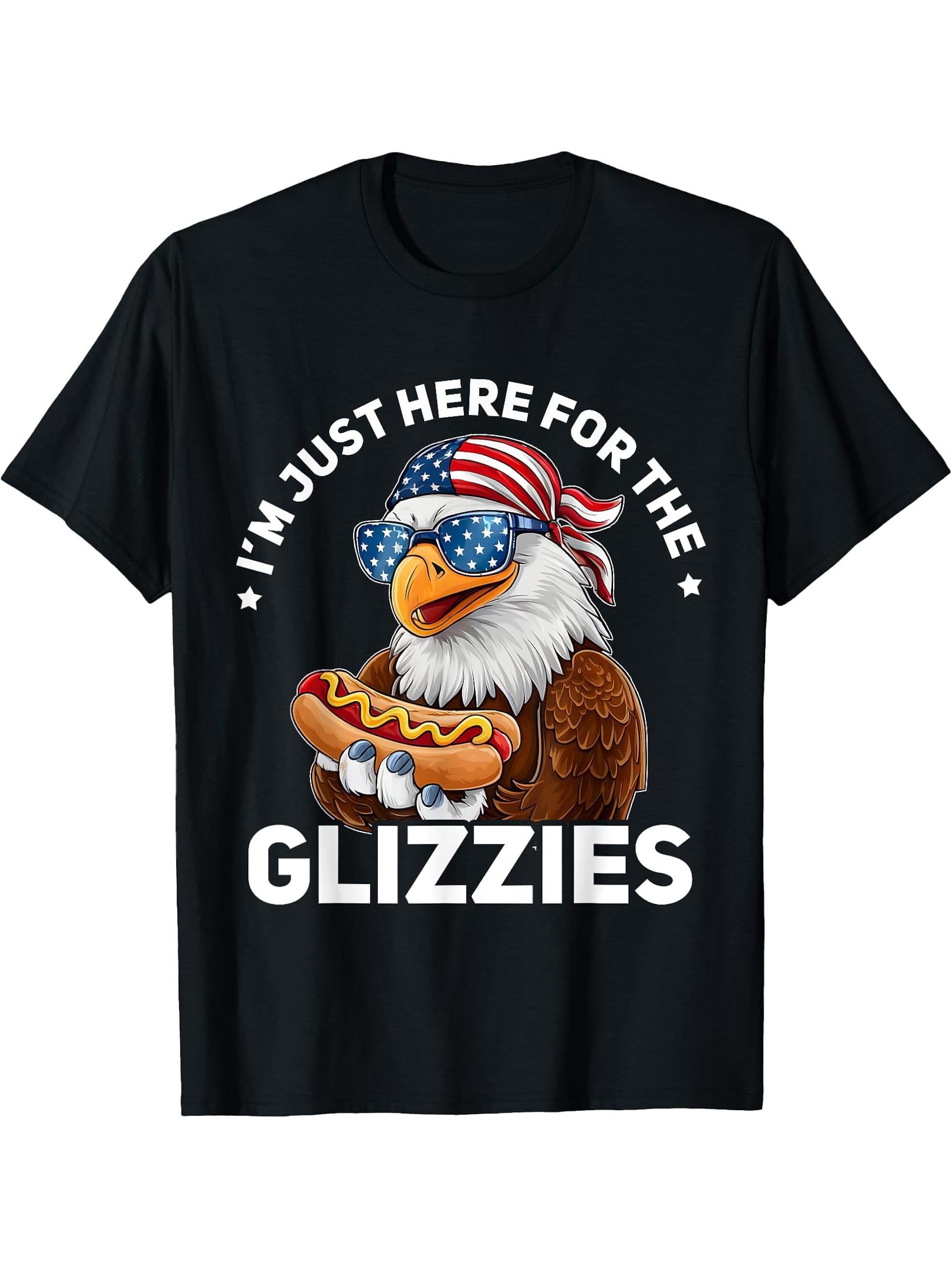 Bald Eagle Hotdog American I'm Just Here For The Glizzies T-Shirt 180G 100% Cotton Printed Round Neck Short-Sleeve T-Shirt, Gifts for Men Dad Husband Grandpa, S-XXXL, Black
