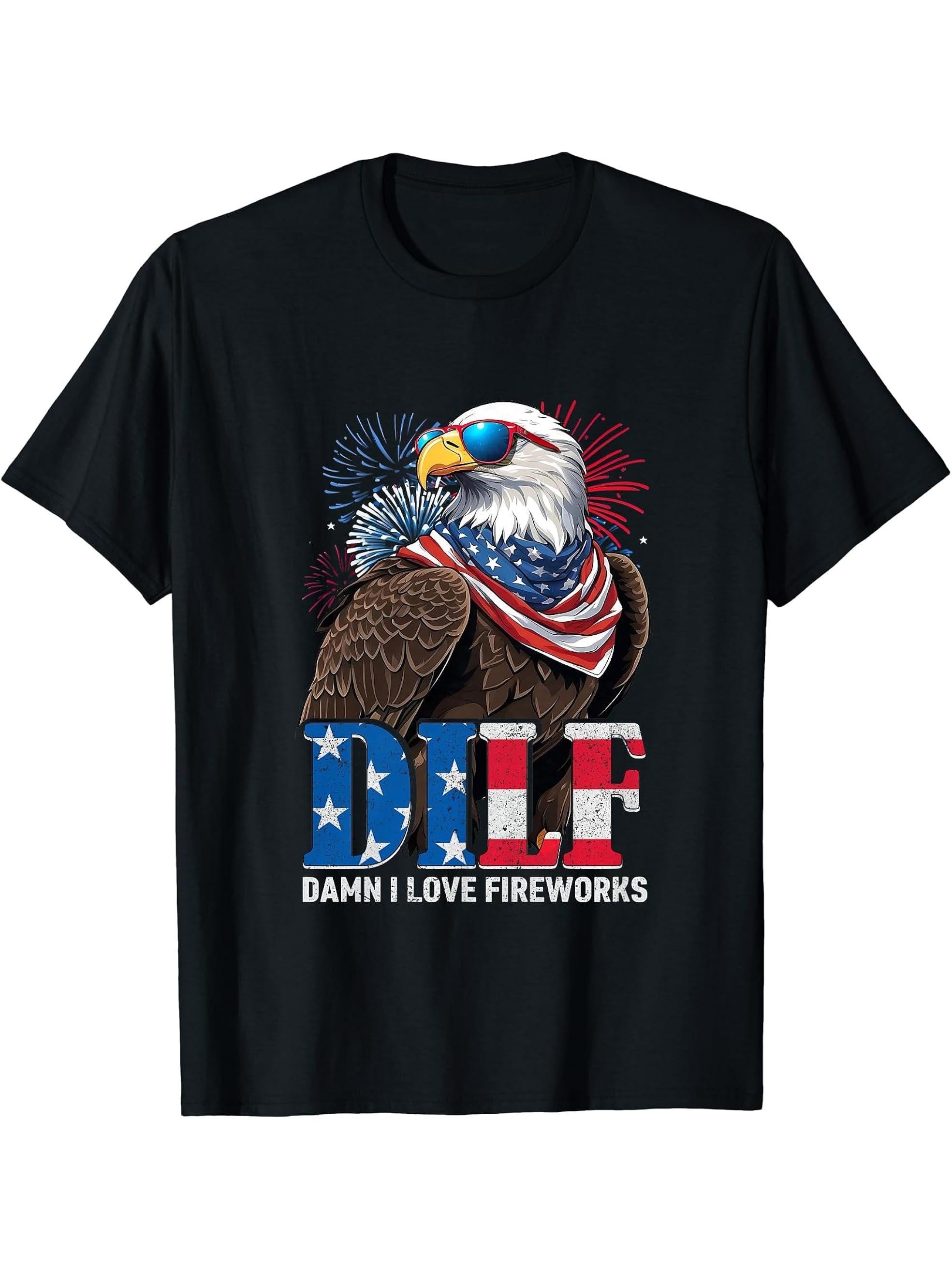 DILF Damn I love Fireworks Bald Eagle 4th of July Pun Men T-Shirt 180G 100% Cotton Printed Round Neck Short-Sleeve T-Shirt, Gifts for Men Dad Husband Grandpa, S-XXXL, Black