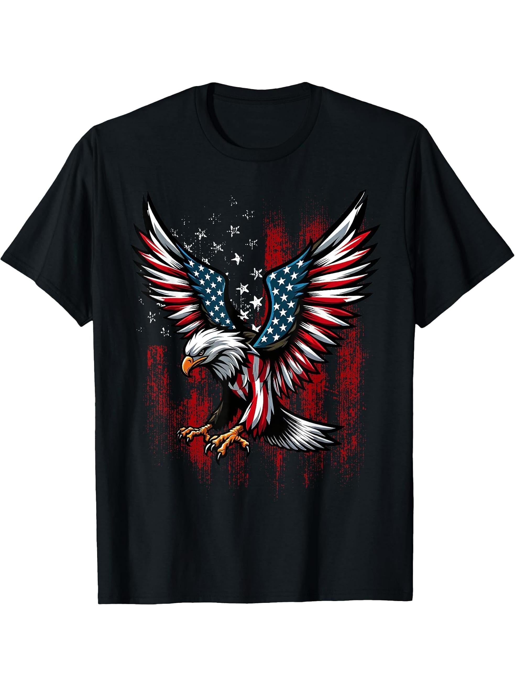 Funny Bald Eagle 4th July American USA Flag Boys Girls Boy Girl T-Shirt 180G 100% Cotton Printed Round Neck Short-Sleeve T-Shirt, Gifts for Men Dad Husband Grandpa, S-XXXL, Black