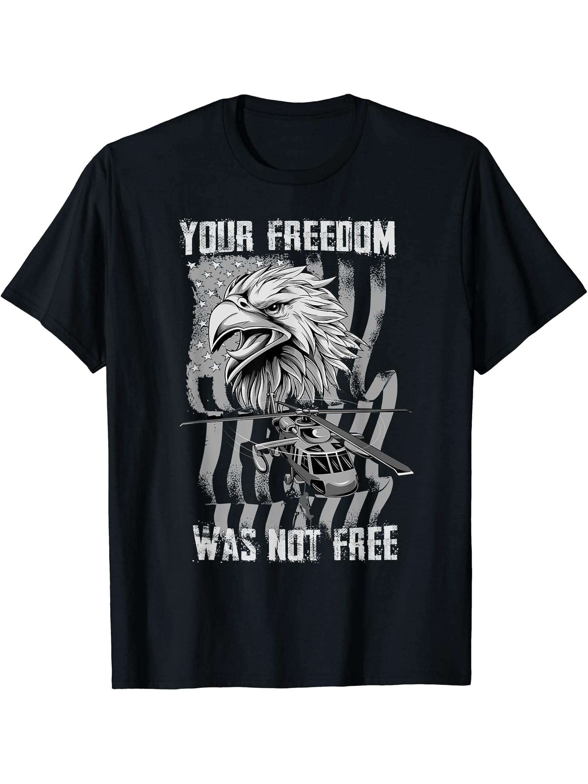 Your Freedom Wasn't Free American Flag Bald Eagle Military T-Shirt 180G 100% Cotton Printed Round Neck Short-Sleeve T-Shirt, Gifts for Men Dad Husband Grandpa, S-XXXL, Black