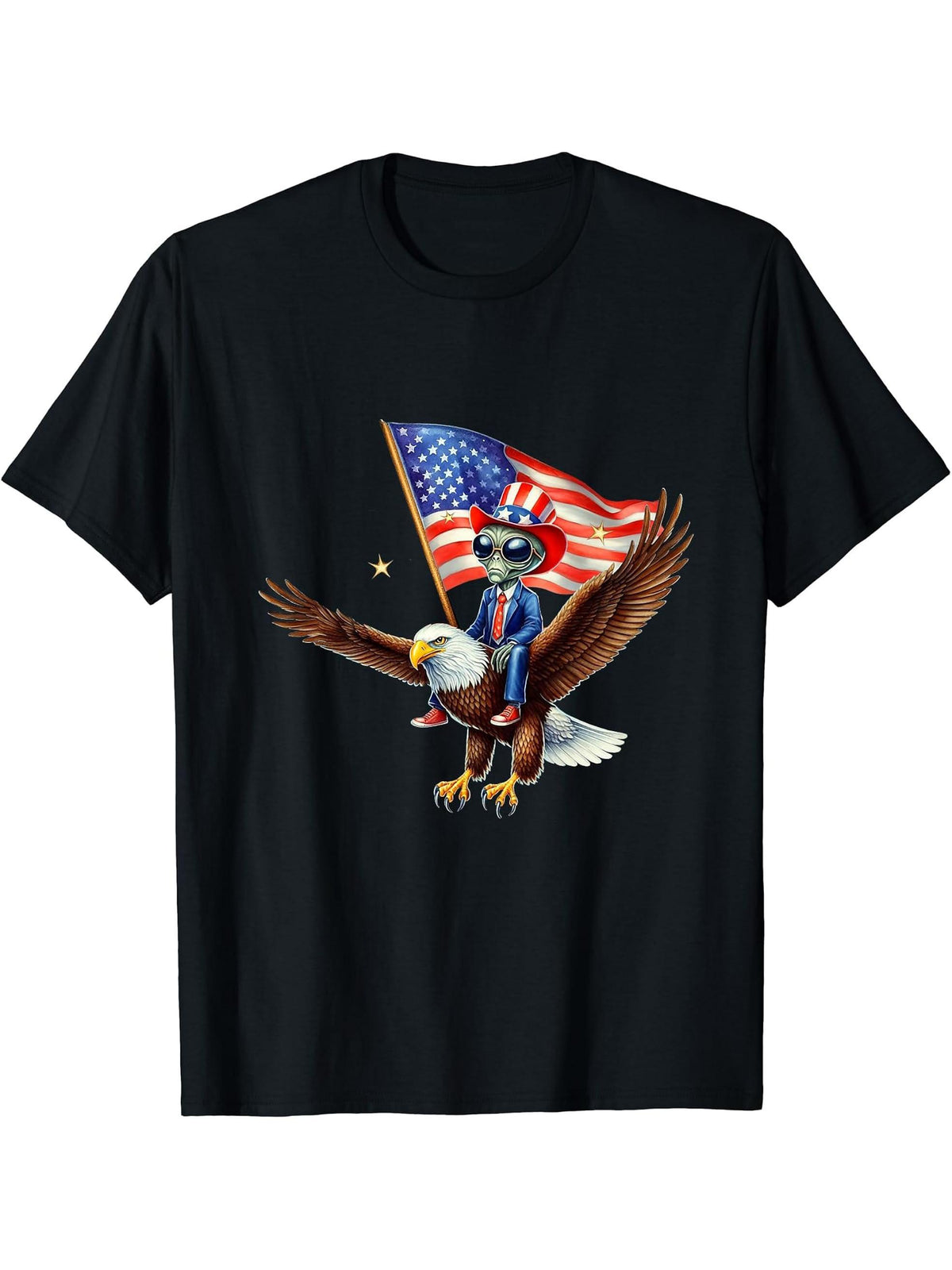 Bald Eagle Alien Space American Flag 4th Of July Patriotic T-Shirt 180G 100% Cotton Printed Round Neck Short-Sleeve T-Shirt, Gifts for Men Dad Husband Grandpa, S-XXXL, Black