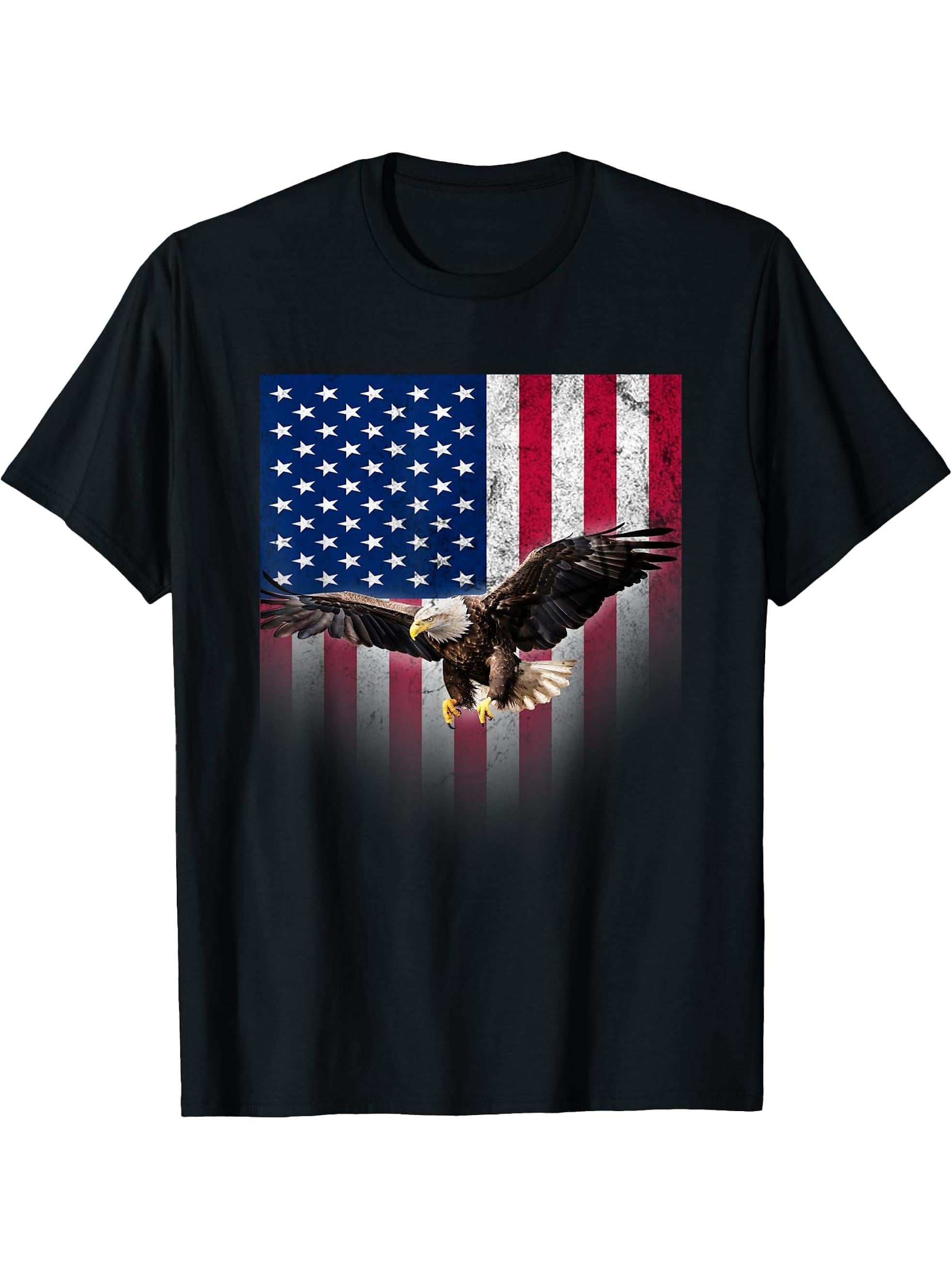 American Flag Bald Eagle Patriotic Red White Blue T-Shirt 180G 100% Cotton Printed Round Neck Short-Sleeve T-Shirt, Gifts for Men Dad Husband Grandpa, S-XXXL, Black