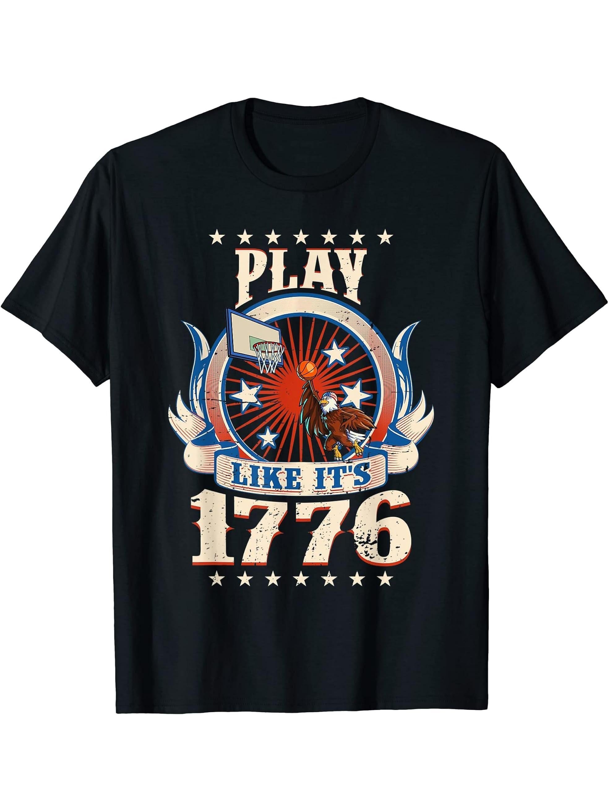 Basketball American Bald Eagle 4th Of July Boys Men USA Flag T-Shirt 180G 100% Cotton Printed Round Neck Short-Sleeve T-Shirt, Gifts for Men Dad Husband Grandpa, S-XXXL, Black