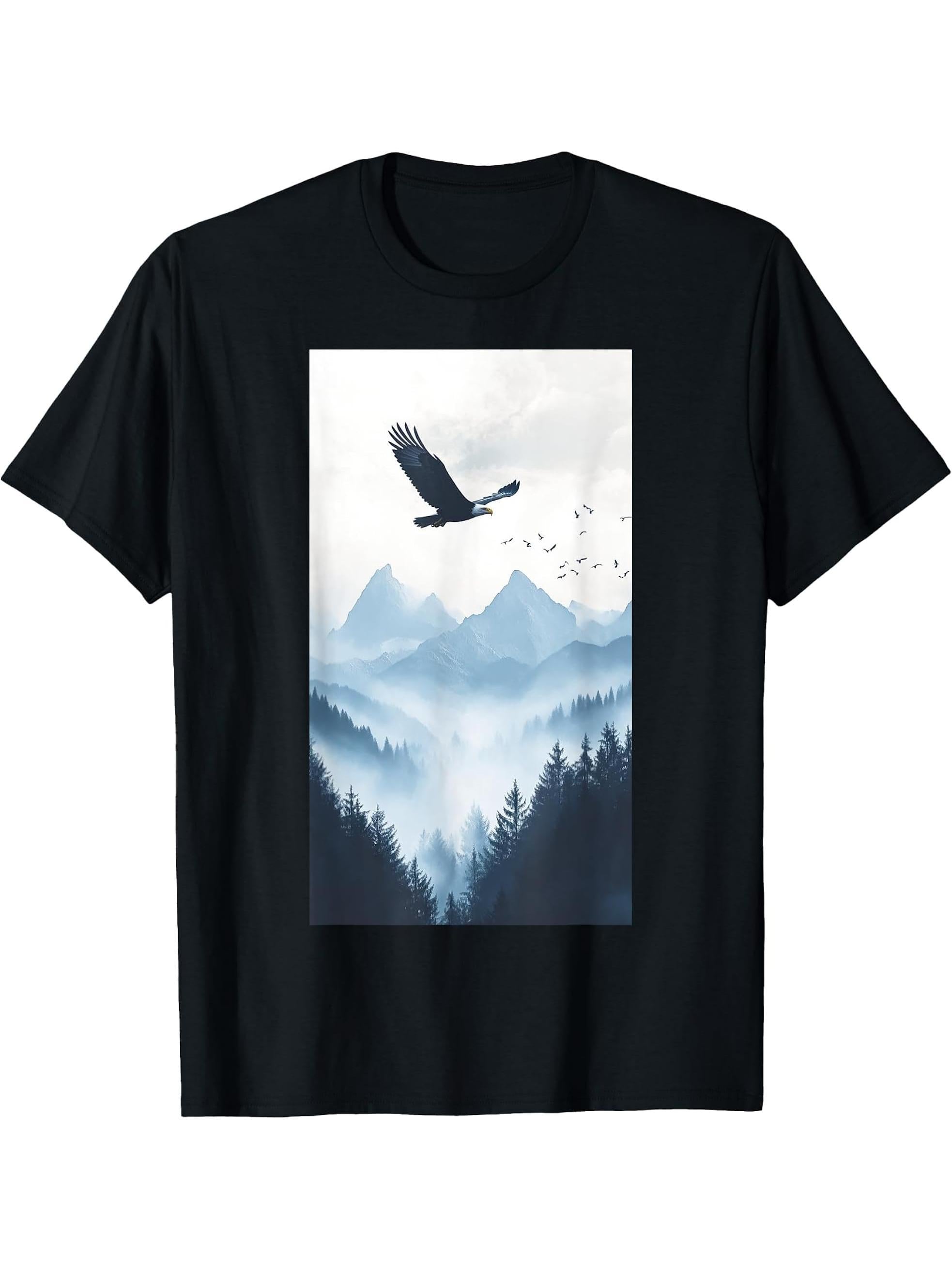 Bald Eagle Mountain Wildlife Nature lover T-Shirt 180G 100% Cotton Printed Round Neck Short-Sleeve T-Shirt, Gifts for Men Dad Husband Grandpa, S-XXXL, Black