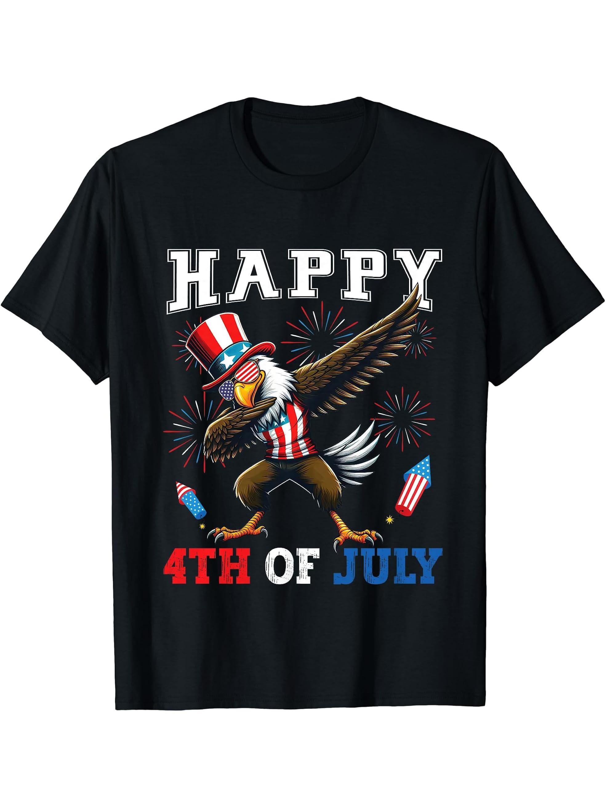 Happy 4th of July Dabbing Bald Eagle Patriotic Hat Fireworks T-Shirt 180G 100% Cotton Printed Round Neck Short-Sleeve T-Shirt, Gifts for Men Dad Husband Grandpa, S-XXXL, Black