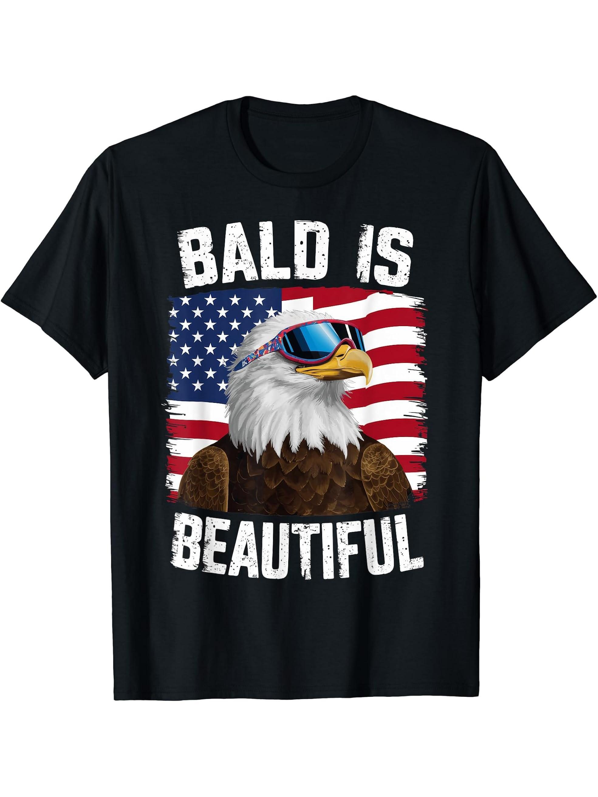 Bald Eagle Bald Is Beautiful 4th of July Independence Day T-Shirt 180G 100% Cotton Printed Round Neck Short-Sleeve T-Shirt, Gifts for Men Dad Husband Grandpa, S-XXXL, Black