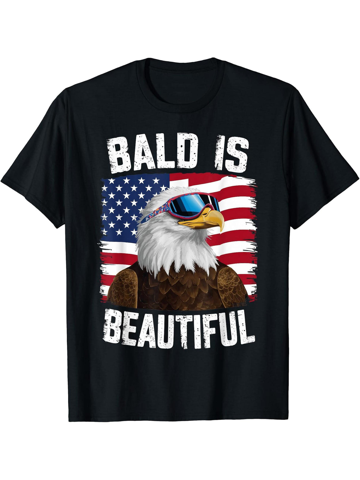 Bald Eagle Bald Is Beautiful 4th of July Independence Day T-Shirt 180G 100% Cotton Printed Round Neck Short-Sleeve T-Shirt, Gifts for Men Dad Husband Grandpa, S-XXXL, Black