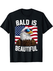 Bald Eagle Bald Is Beautiful 4th of July Independence Day T-Shirt 180G 100% Cotton Printed Round Neck Short-Sleeve T-Shirt, Gifts for Men Dad Husband Grandpa, S-XXXL, Black