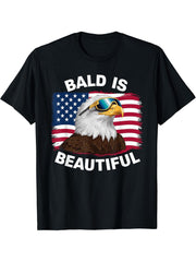 Bald Eagle Bald Is Beautiful 4th of July Independence Day T-Shirt 180G 100% Cotton Printed Round Neck Short-Sleeve T-Shirt, Gifts for Men Dad Husband Grandpa, S-XXXL, Black