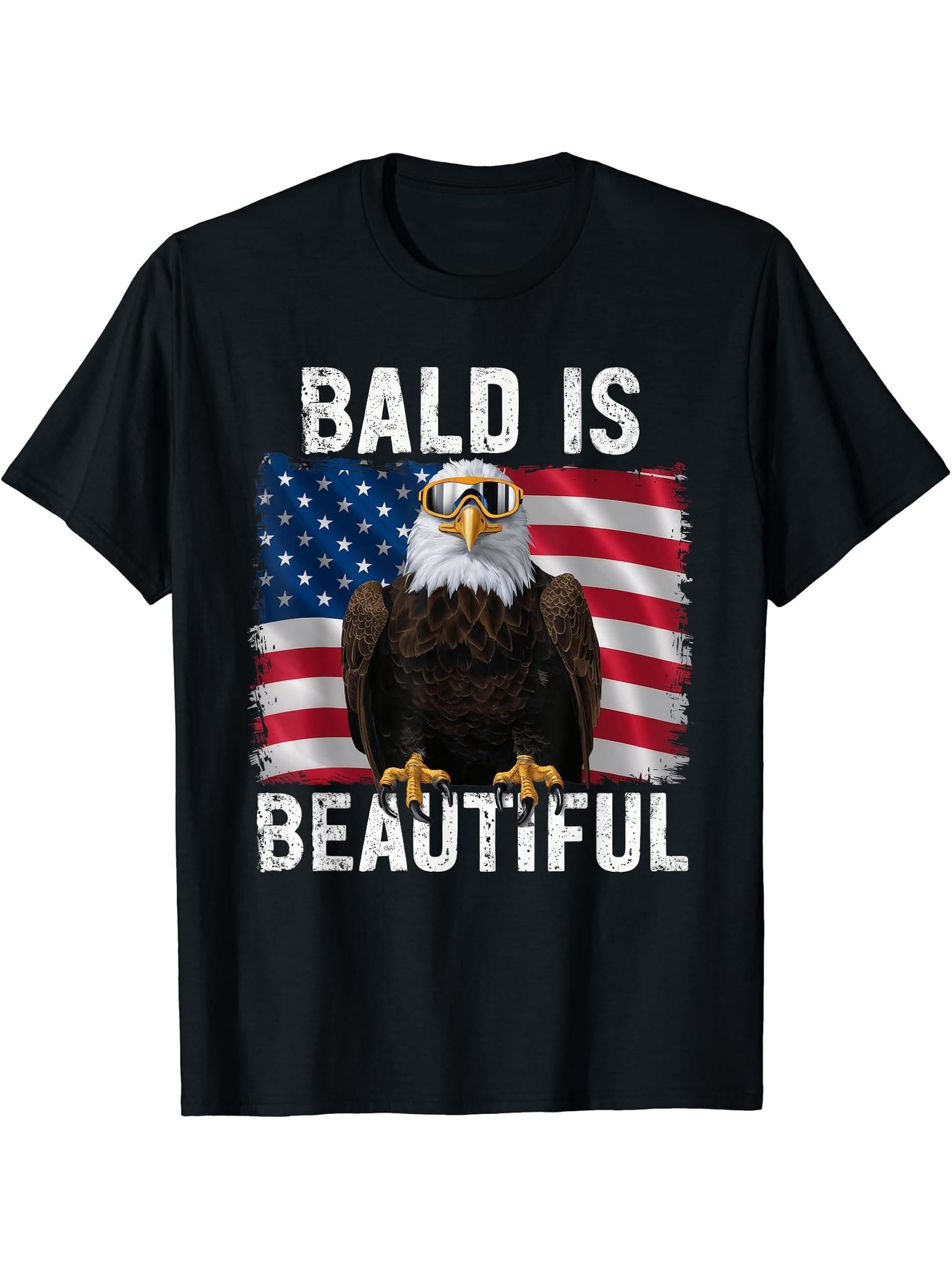 Bald Eagle Bald Is Beautiful 4th of July Independence Day T-Shirt 180G 100% Cotton Printed Round Neck Short-Sleeve T-Shirt, Gifts for Men Dad Husband Grandpa, S-XXXL, Black