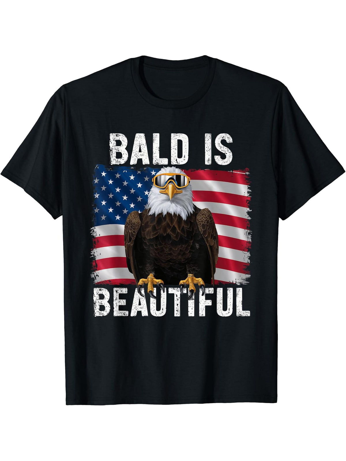 Bald Eagle Bald Is Beautiful 4th of July Independence Day T-Shirt 180G 100% Cotton Printed Round Neck Short-Sleeve T-Shirt, Gifts for Men Dad Husband Grandpa, S-XXXL, Black
