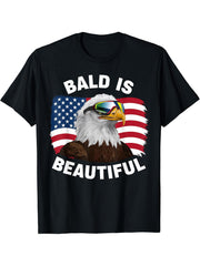 Bald Eagle Bald Is Beautiful 4th of July Independence Day T-Shirt 180G 100% Cotton Printed Round Neck Short-Sleeve T-Shirt, Gifts for Men Dad Husband Grandpa, S-XXXL, Black
