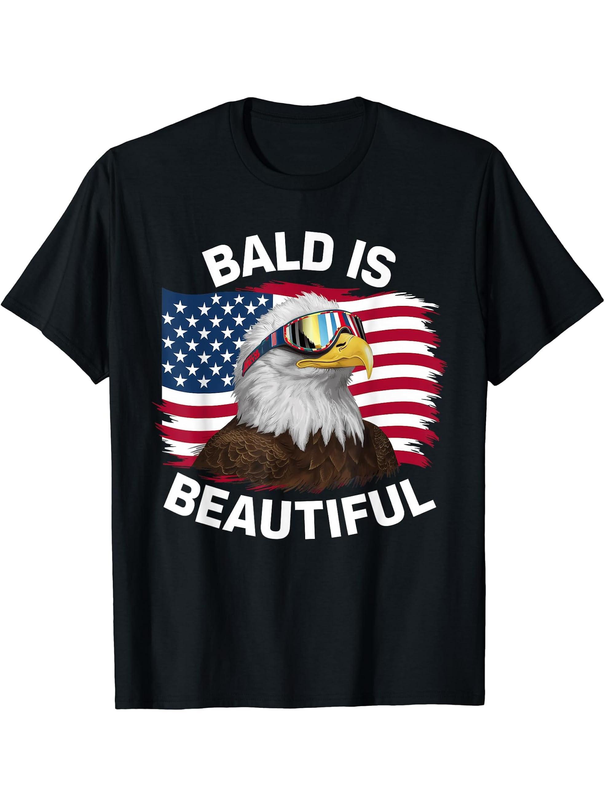 Bald Eagle Bald Is Beautiful 4th of July Independence Day T-Shirt 180G 100% Cotton Printed Round Neck Short-Sleeve T-Shirt, Gifts for Men Dad Husband Grandpa, S-XXXL, Black