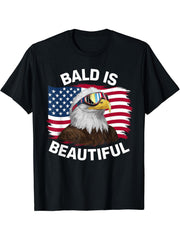 Bald Eagle Bald Is Beautiful 4th of July Independence Day T-Shirt 180G 100% Cotton Printed Round Neck Short-Sleeve T-Shirt, Gifts for Men Dad Husband Grandpa, S-XXXL, Black