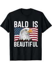Bald Eagle Bald Is Beautiful 4th of July Independence Day T-Shirt 180G 100% Cotton Printed Round Neck Short-Sleeve T-Shirt, Gifts for Men Dad Husband Grandpa, S-XXXL, Black