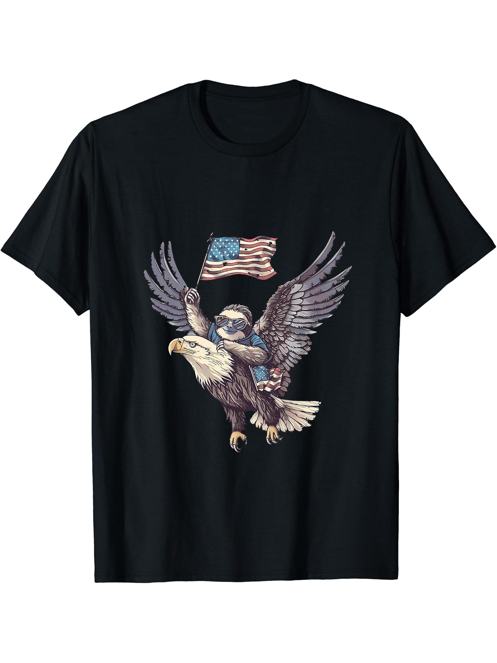 4th Of July Bald Eagle Sloth Patriotic America American Flag T-Shirt 180G 100% Cotton Printed Round Neck Short-Sleeve T-Shirt, Gifts for Men Dad Husband Grandpa, S-XXXL, Black