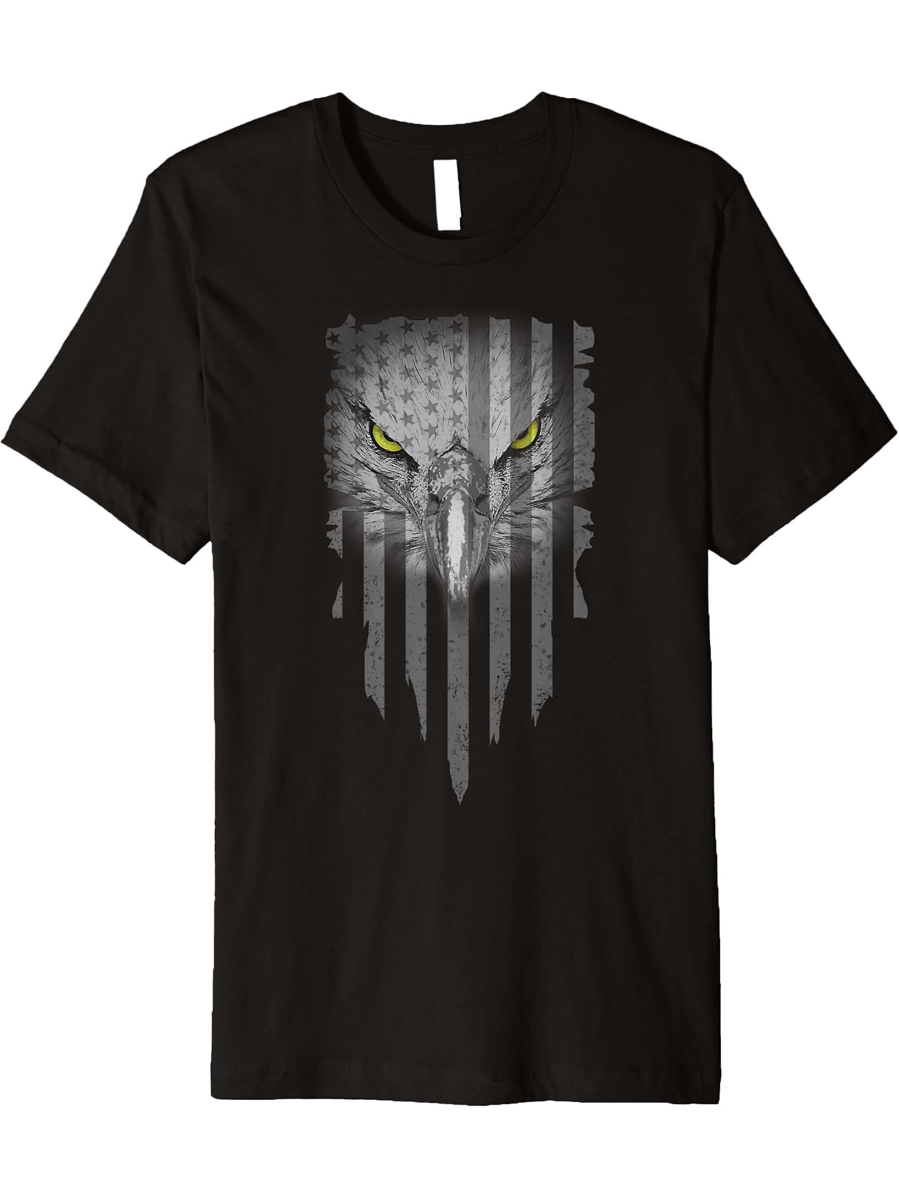 American Bald Eagle Eyes Design USA Flag Patriotic Premium T-Shirt 180G 100% Cotton Printed Round Neck Short-Sleeve T-Shirt, Gifts for Men Dad Husband Grandpa, S-XXXL, Black